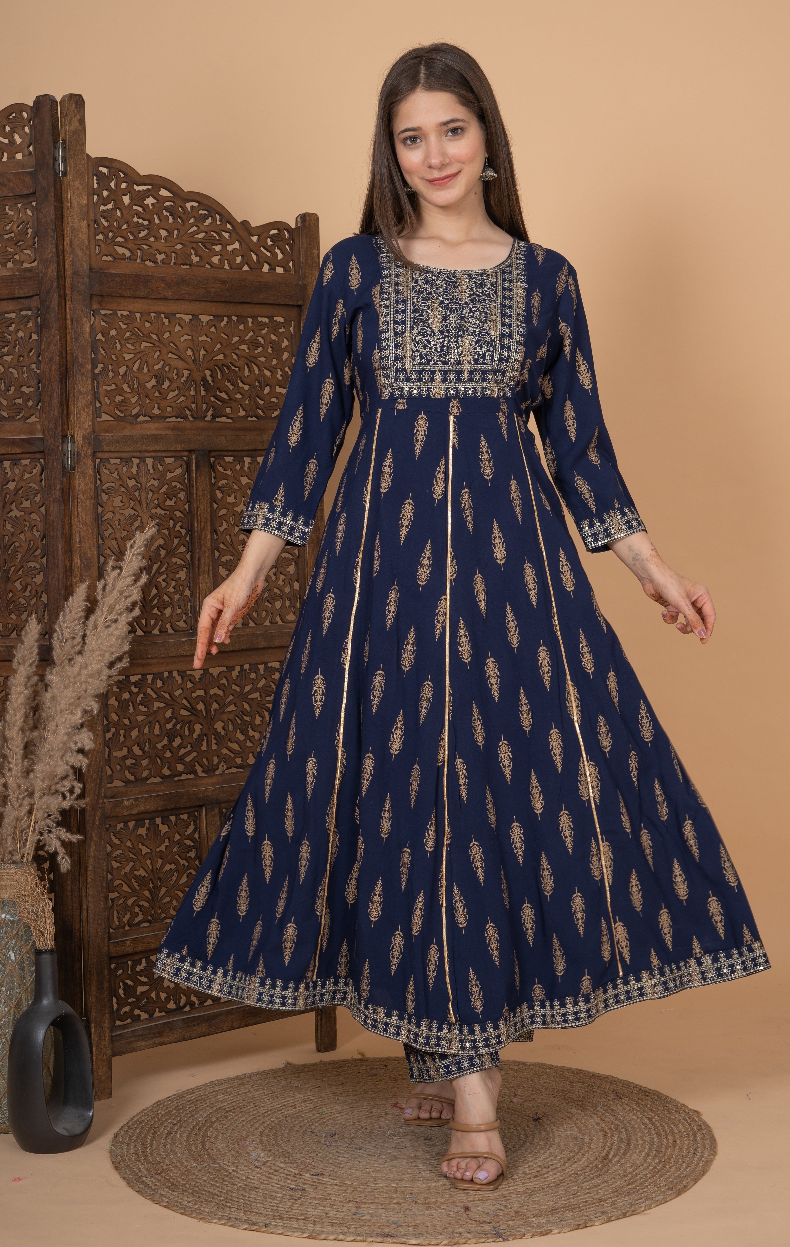 MEERA FAB Women's Rayon Printed Blue Anarkali Kurta with Palazzo & Dupatta Set