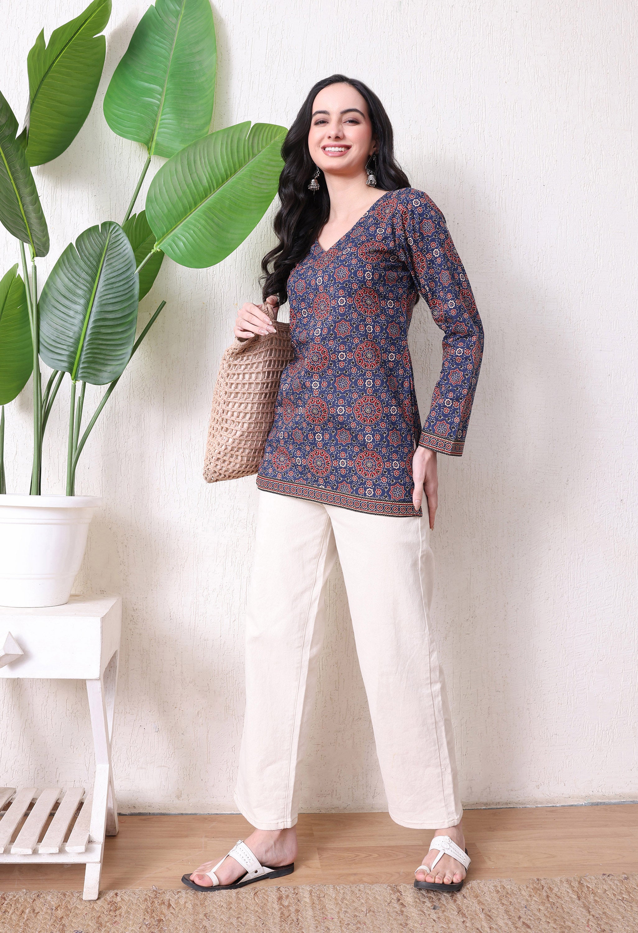 MEERA FAB Women's Floral Printed Cotton Short Top | Ikkat Printed Top Cut Sleeves | Short Kurti for Women