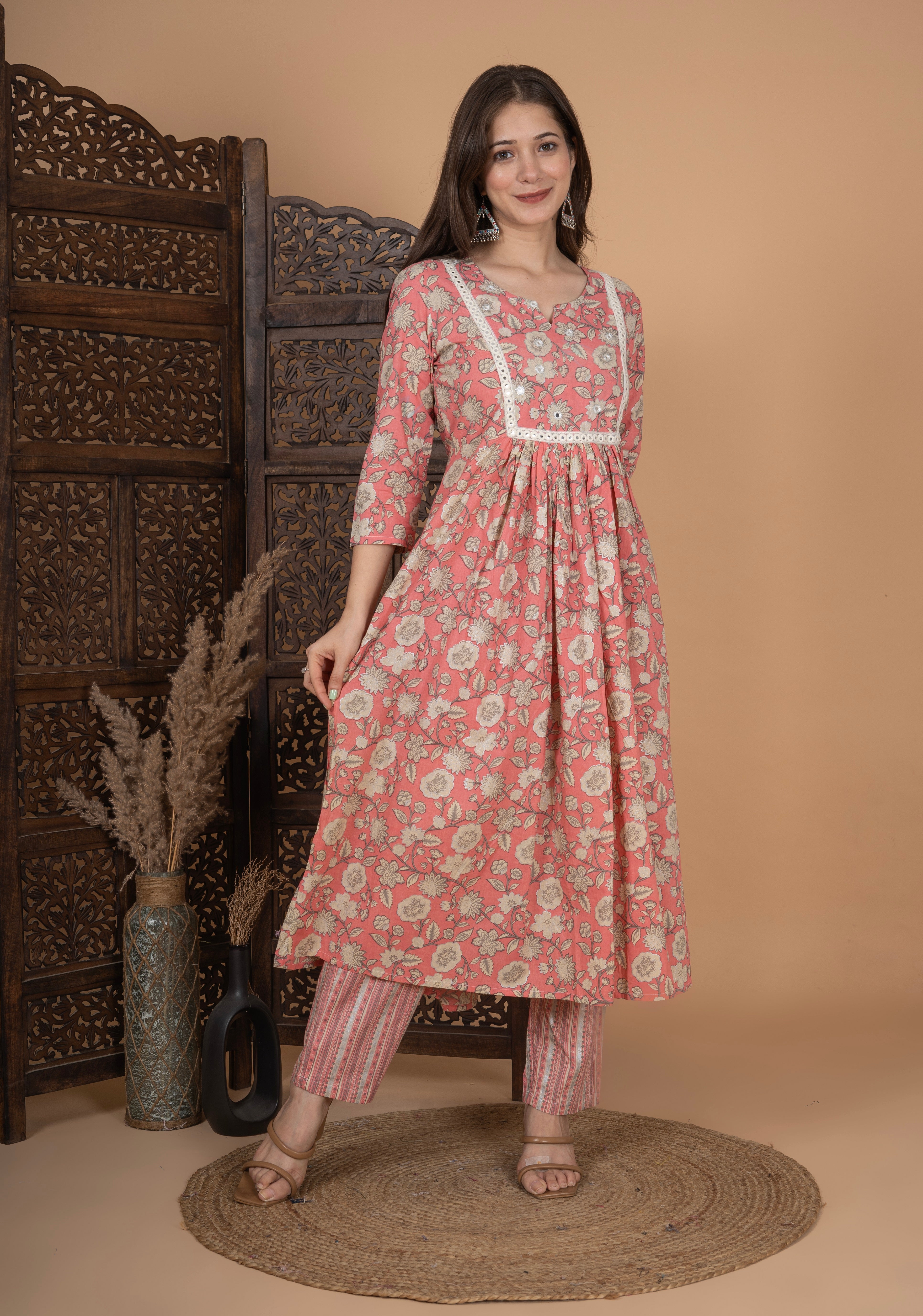 MEERA FAB Women's Cotton Printed Anarkali Kurta With Palazzo & Dupatta Set With Handwork