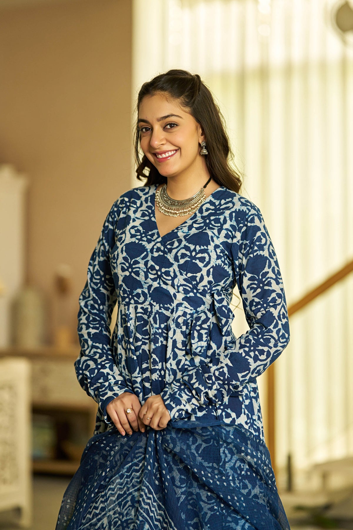 MEERA FAB Women Blue Printed Regular Pure Cotton Anarkali Kurta with Palazzos & with Dupatta