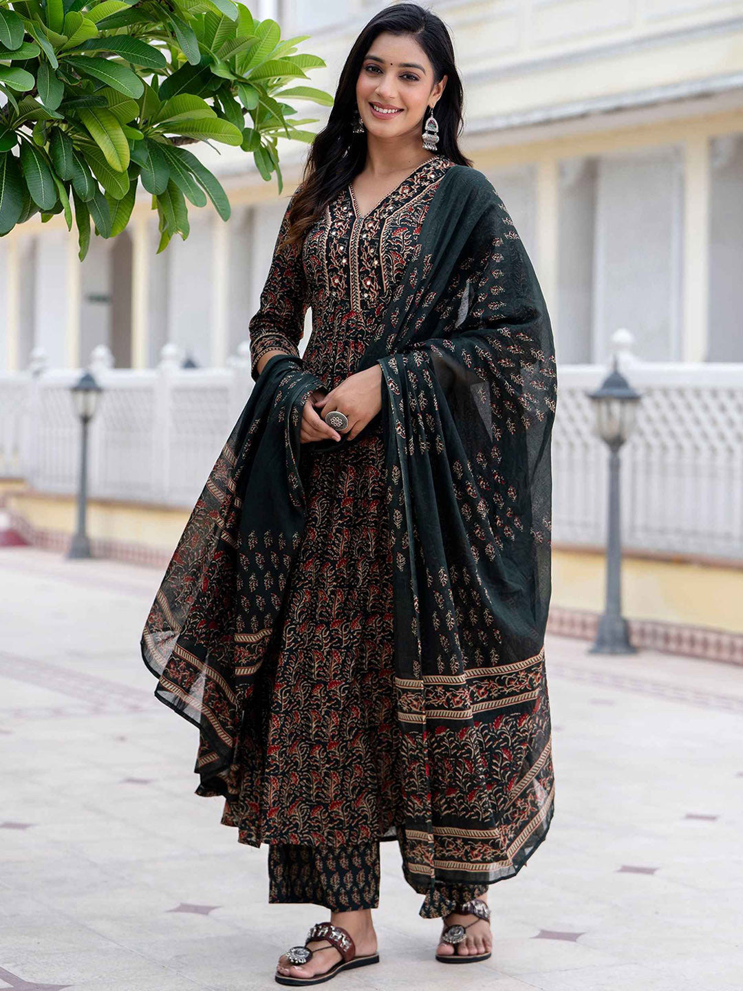 MEERA FAB Floral Printed Sequined Cotton Anarkali Kurta With Palazzos & Dupatta | Sanganeri Print