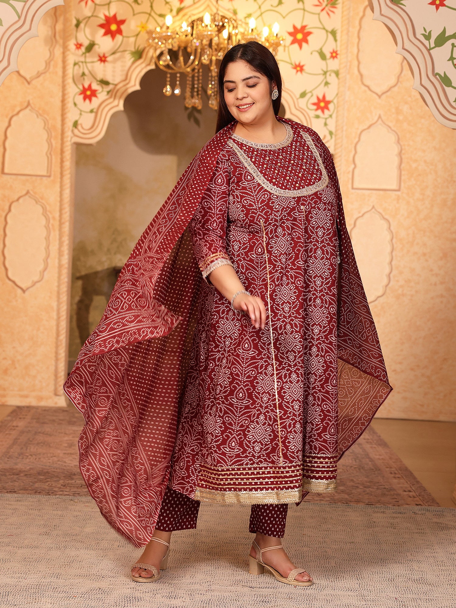 MEERA FAB Plus Size Printed Pure Cotton Anarkali Handwork Kurta with Palazzos & Dupatta