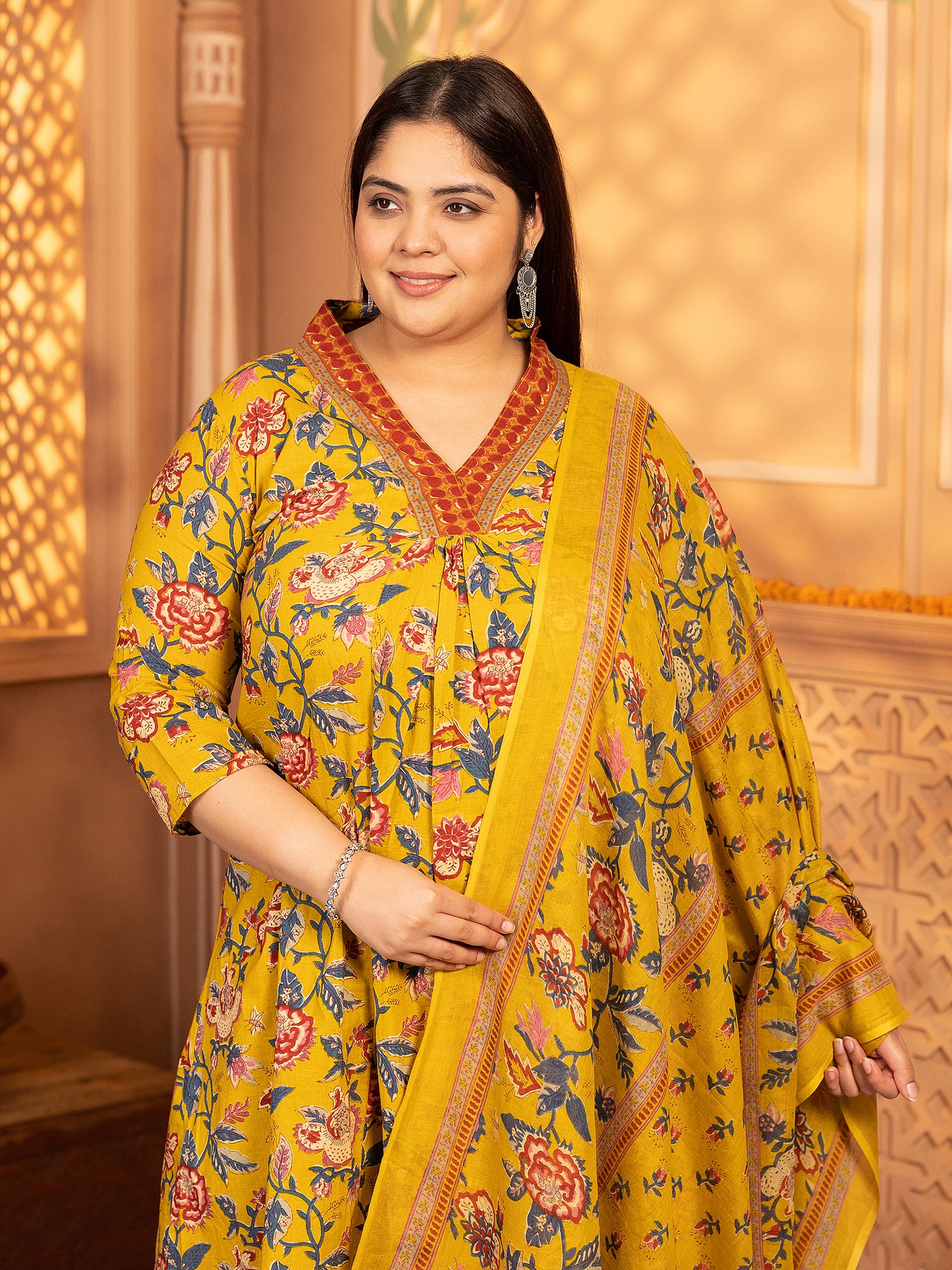MEERA FAB Women's Cotton Blend V-Neck Plus Size Kurta Printed Kurta with Palazzo & Dupatta Set