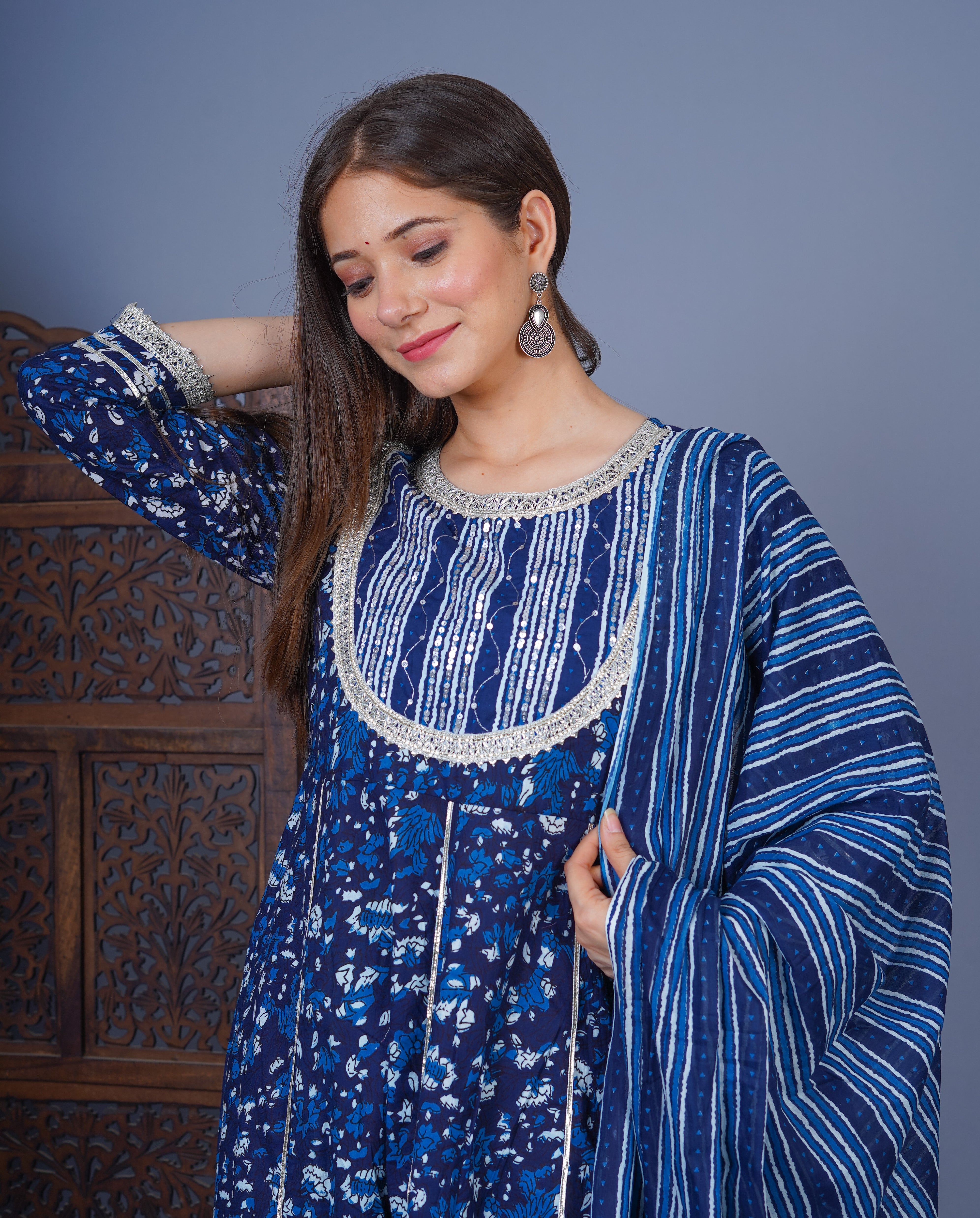 MEERA FAB Women's Cotton Floral Printed Blue Anarkali Kurta with Palazzo & Dupatta Set MF-230