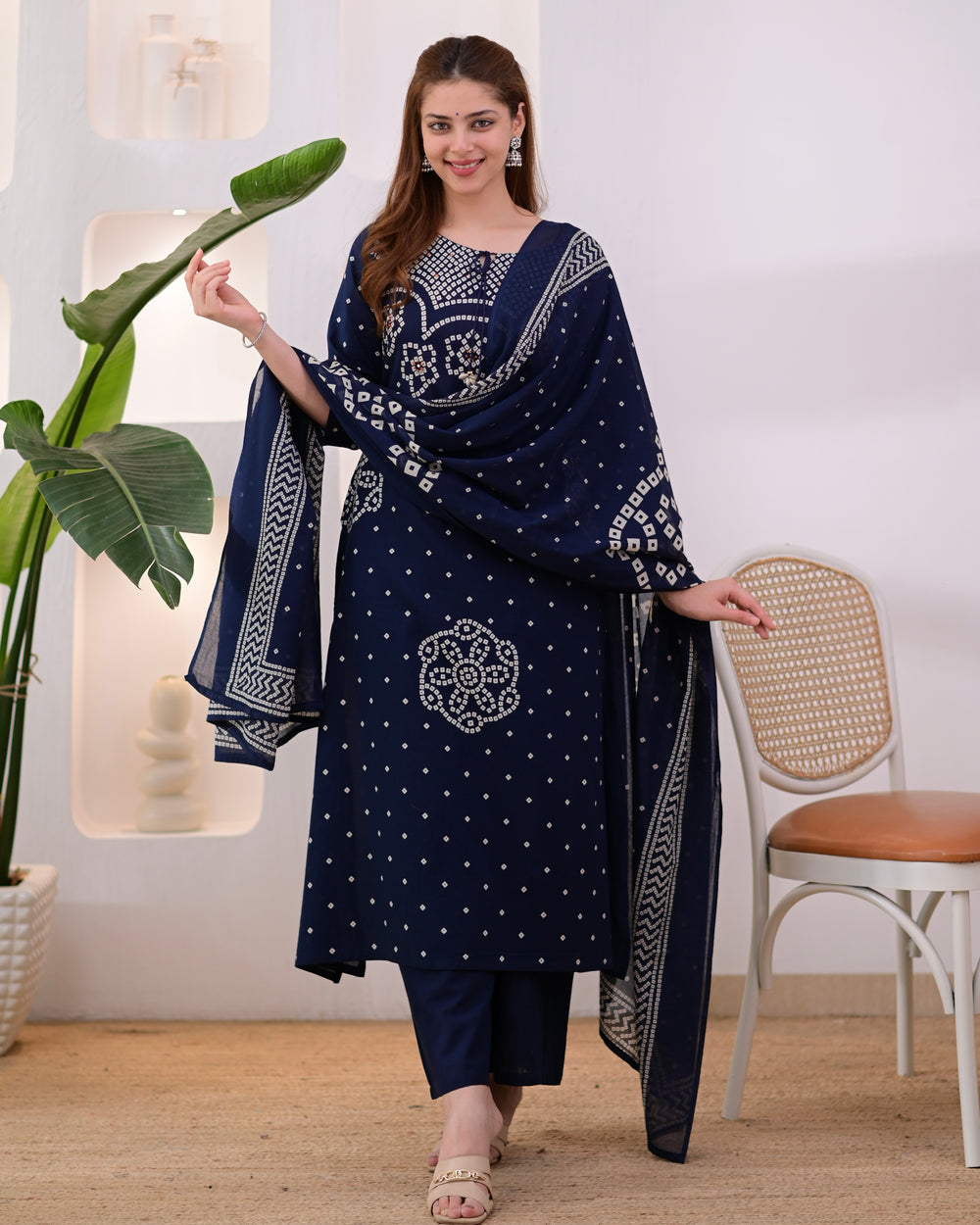 MEERA FAB Women's Pure Bandhej Cotton Straight Kurta Set with Palazzo Pants & Dupatta|Ethnic wear|Kurti Suit Set for Women
