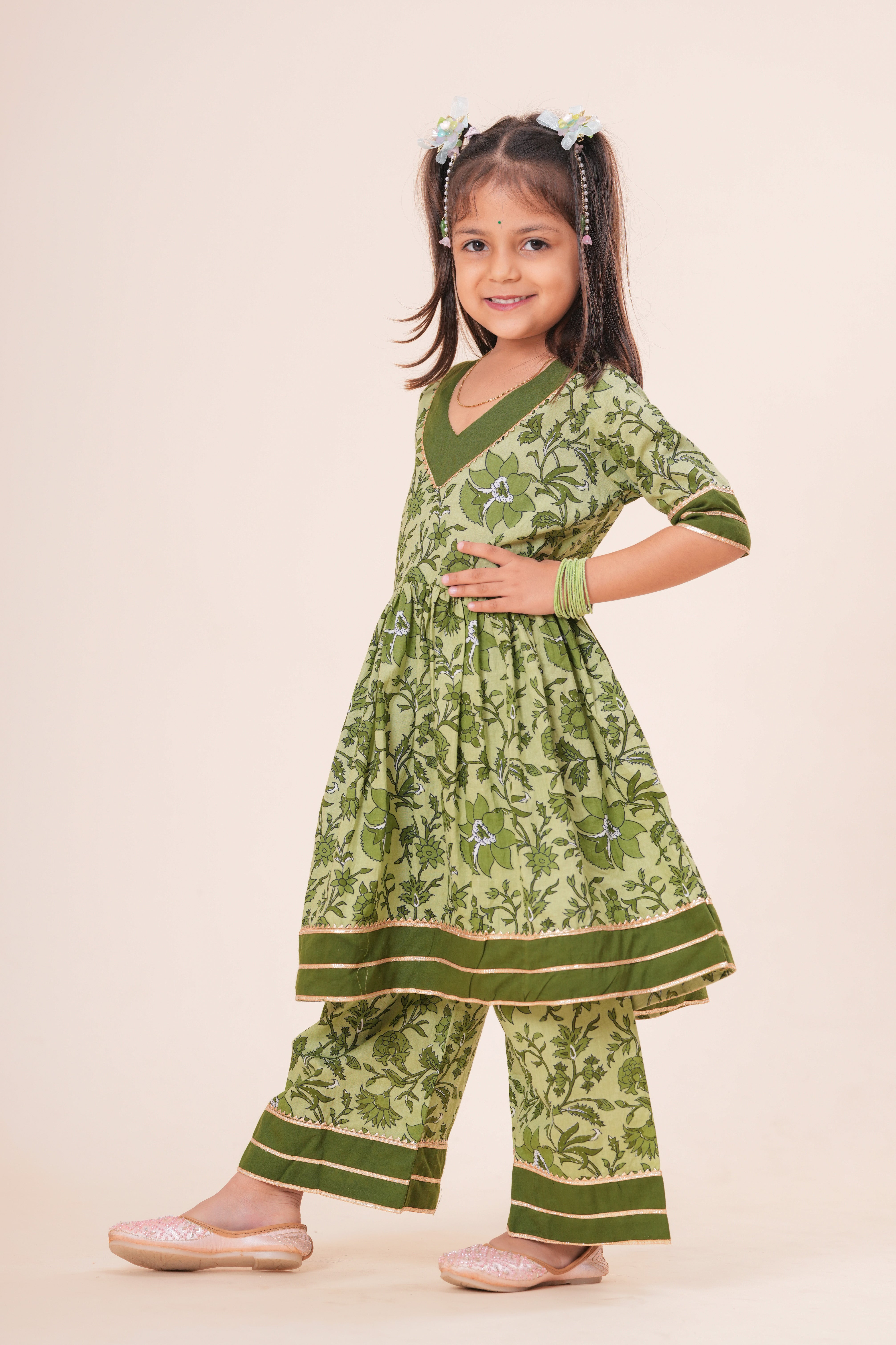 Girls Kids Pure Cotton Half Sleeves Top with Sharara Suit | Floral Printed Top with Palazzo Pants | Soft Breathable Ethnic Co-Ord Set