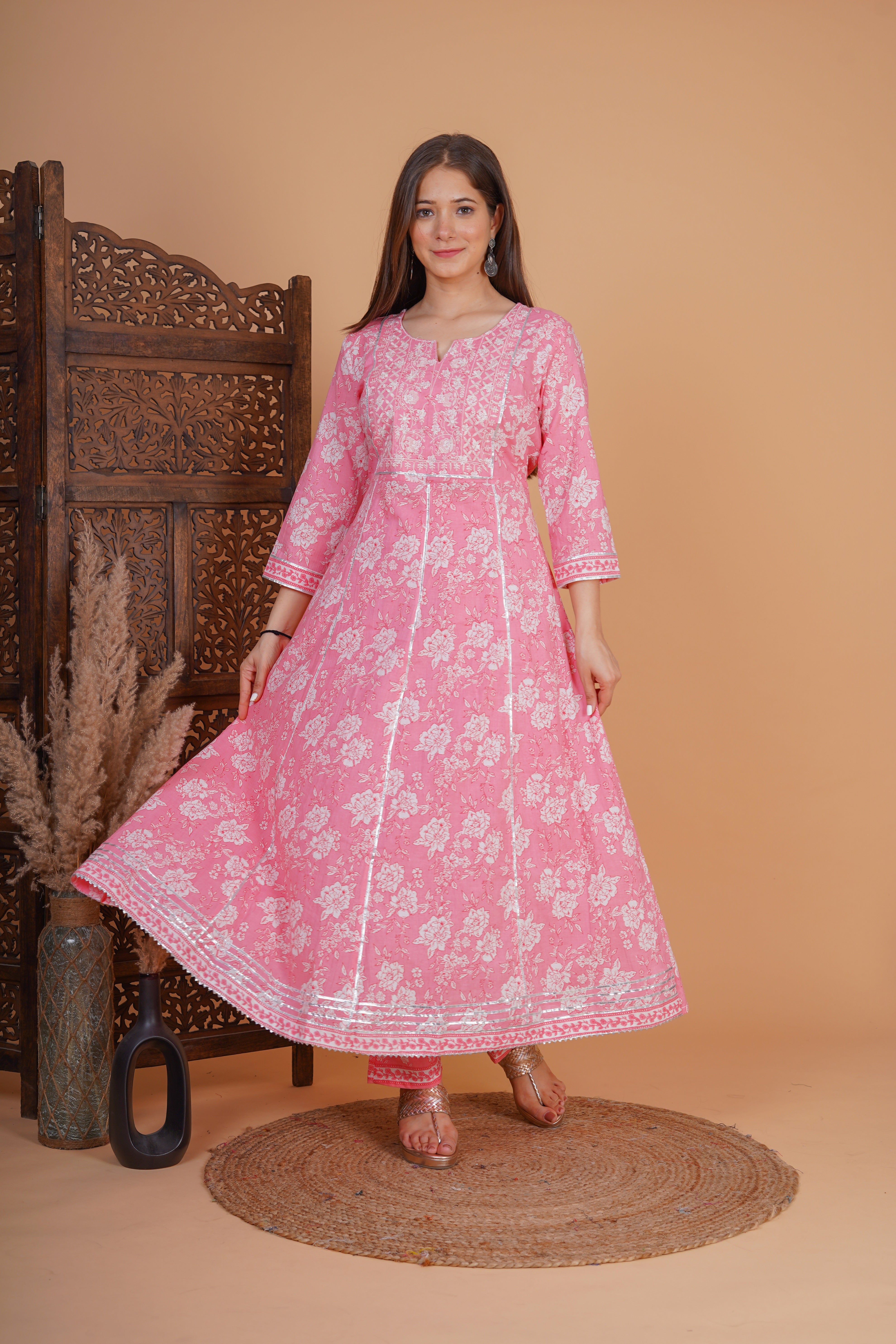 MEERA FAB Women's Cotton Printed Embrodriery Anarkali Kurta With Palazzo & Dupatta Set