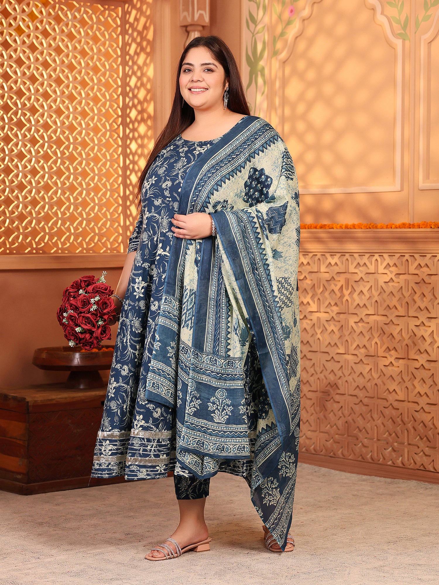 MEERA FAB Plus Size Women's Cotton Printed Anarkali Kurta with Palazzo & Dupatta Set with Dori