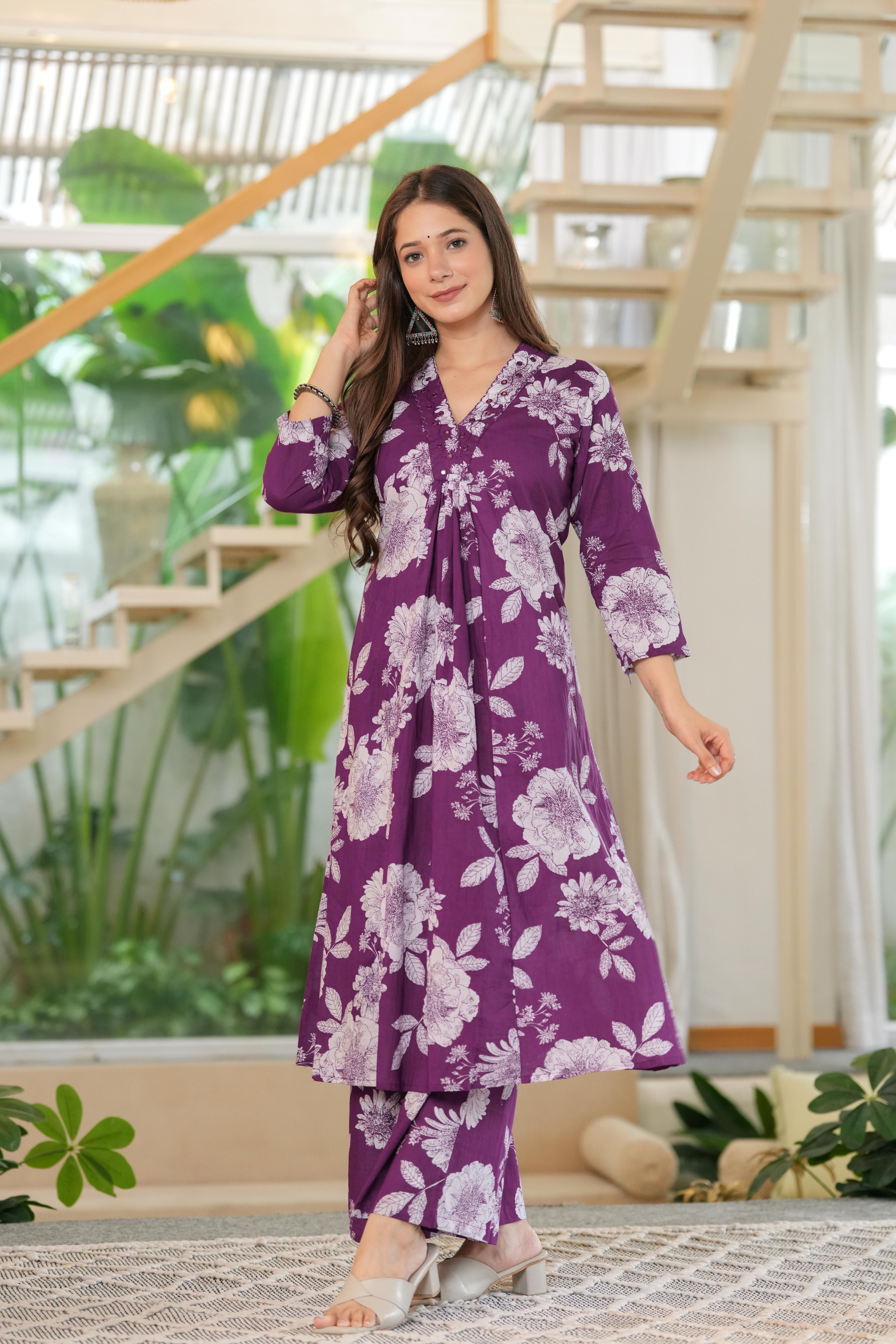 MEERA FAB Women Cotton Printed V-neck Kurta Palazzo Set