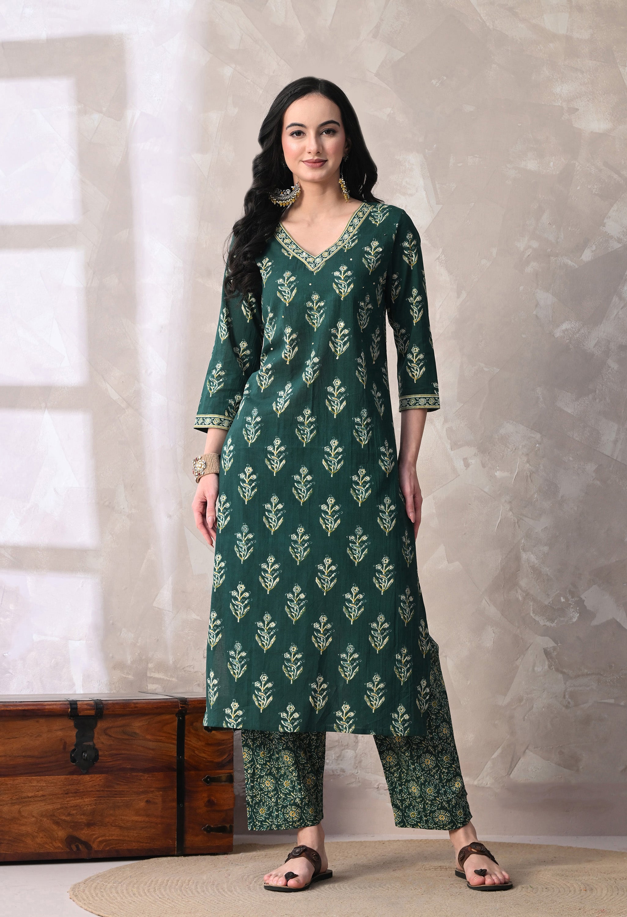 MEERA FAB Women Floral Printed Sequined Cotton Straight Kurta With Palazzos & Dupatta | Sanganeri Print