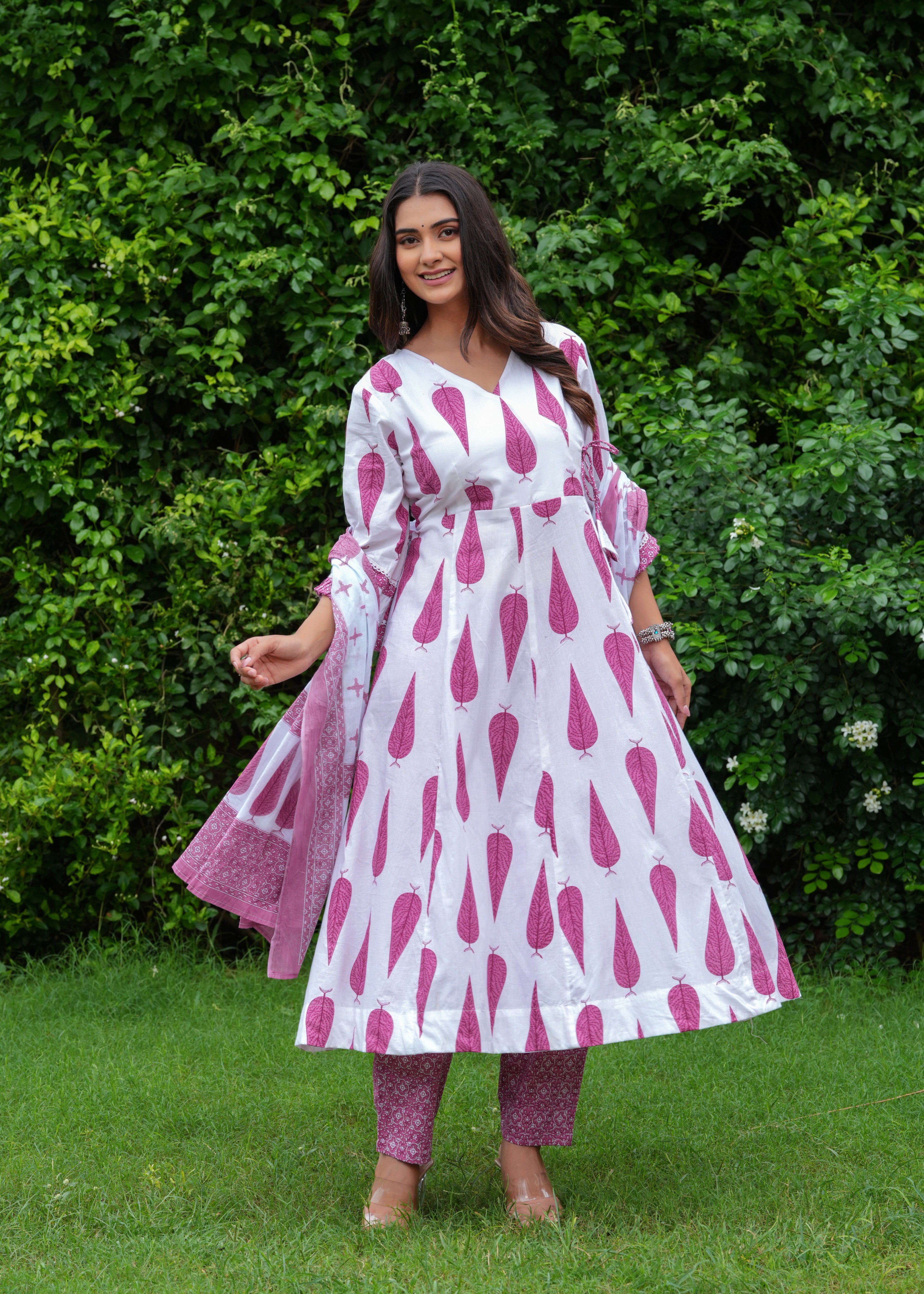 MEERA FAB Women's Cotton Blend Anarkali Printed Kurta with Palazzo & Dupatta