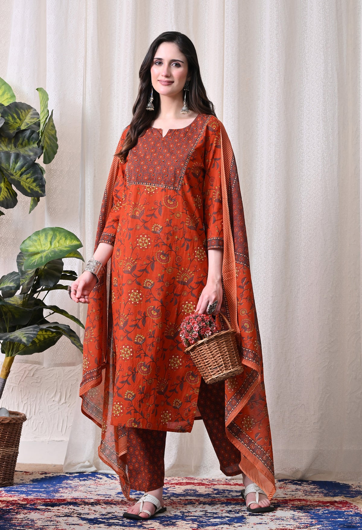 MEERA FAB Women Printed Regular Pure Cotton Straight Handwork Kurta with Palazzos & with Dupatta (Copy)