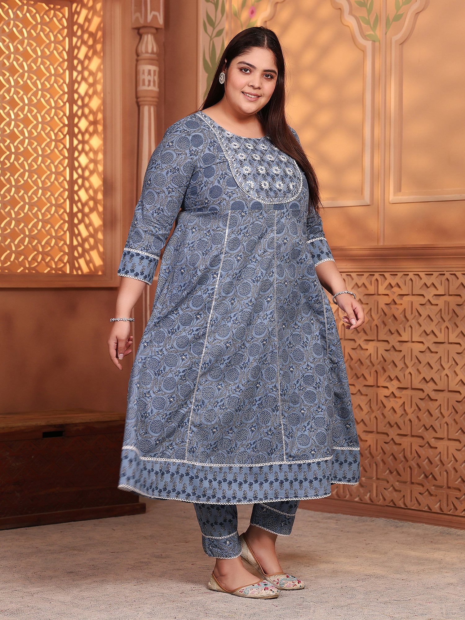 MEERA FAB Women's Pure Cotton Printed Anarkali Handwork Kurta with Palazzos & Dupatta