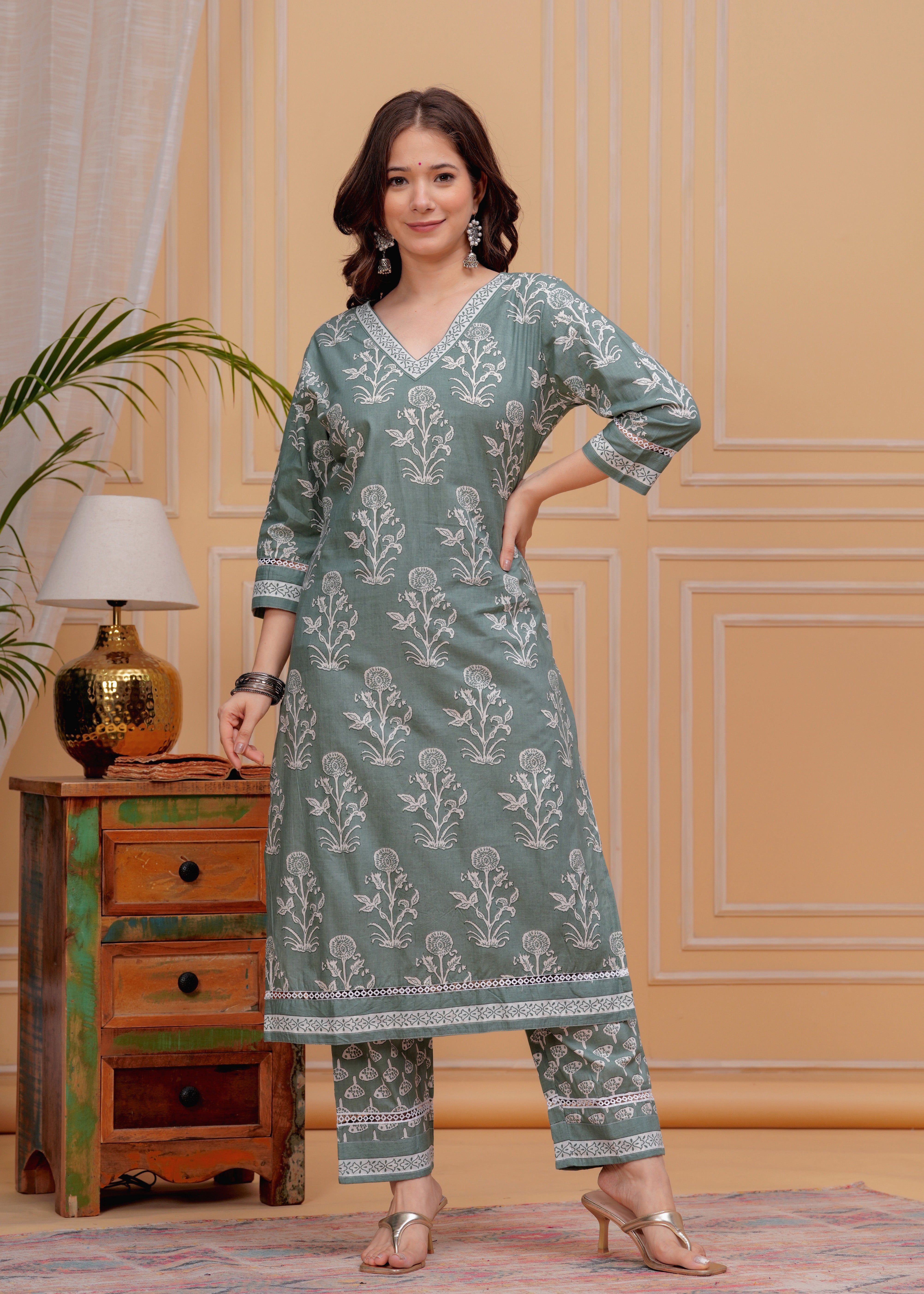MEERA FAB Women's Cotton Blend Straight Printed Kurta with Palazzo & Dupatta