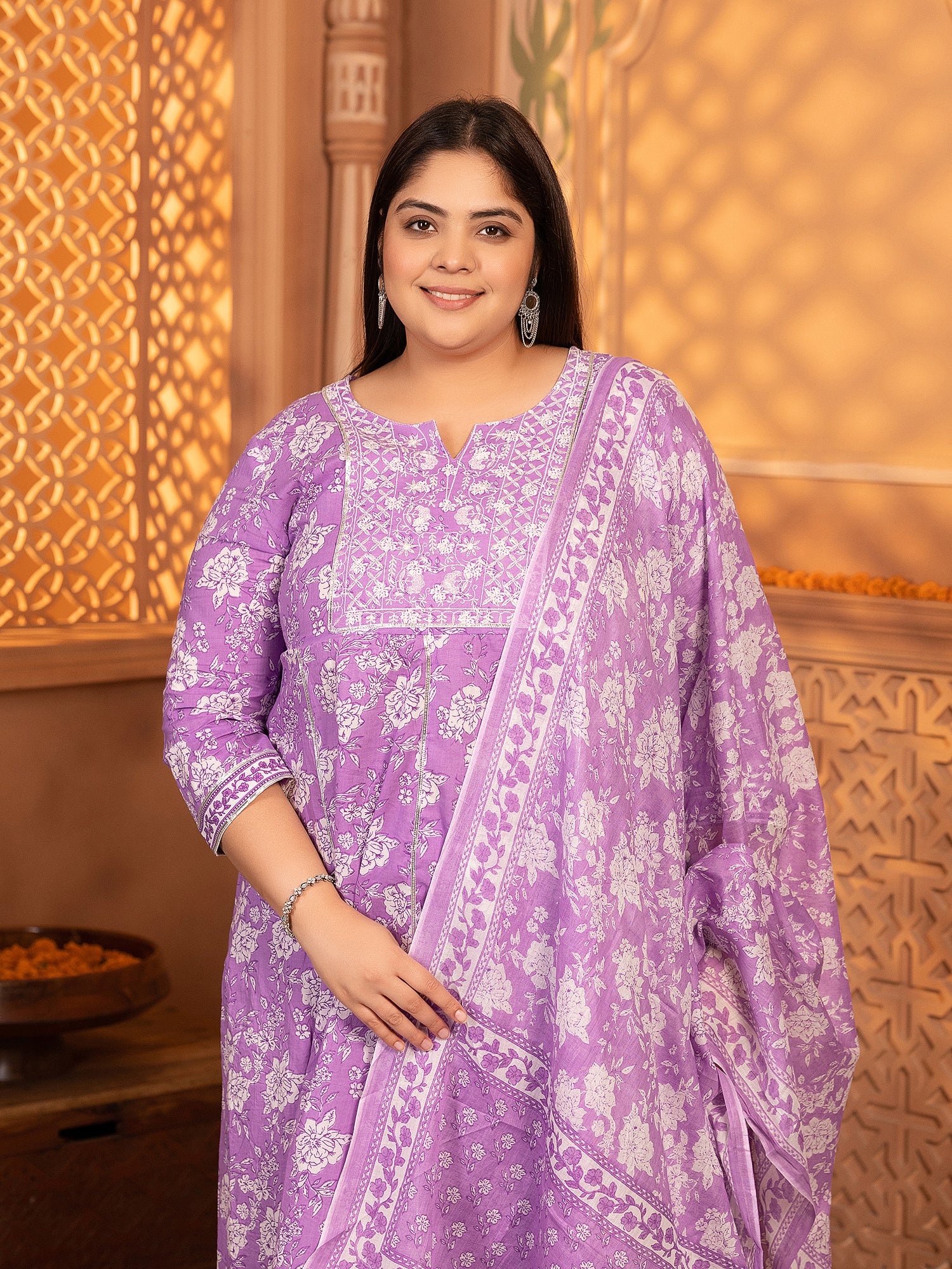 MEERA FAB Women's Pure Cotton Printed Anarkali Handwork Kurta with Palazzos & Dupatta