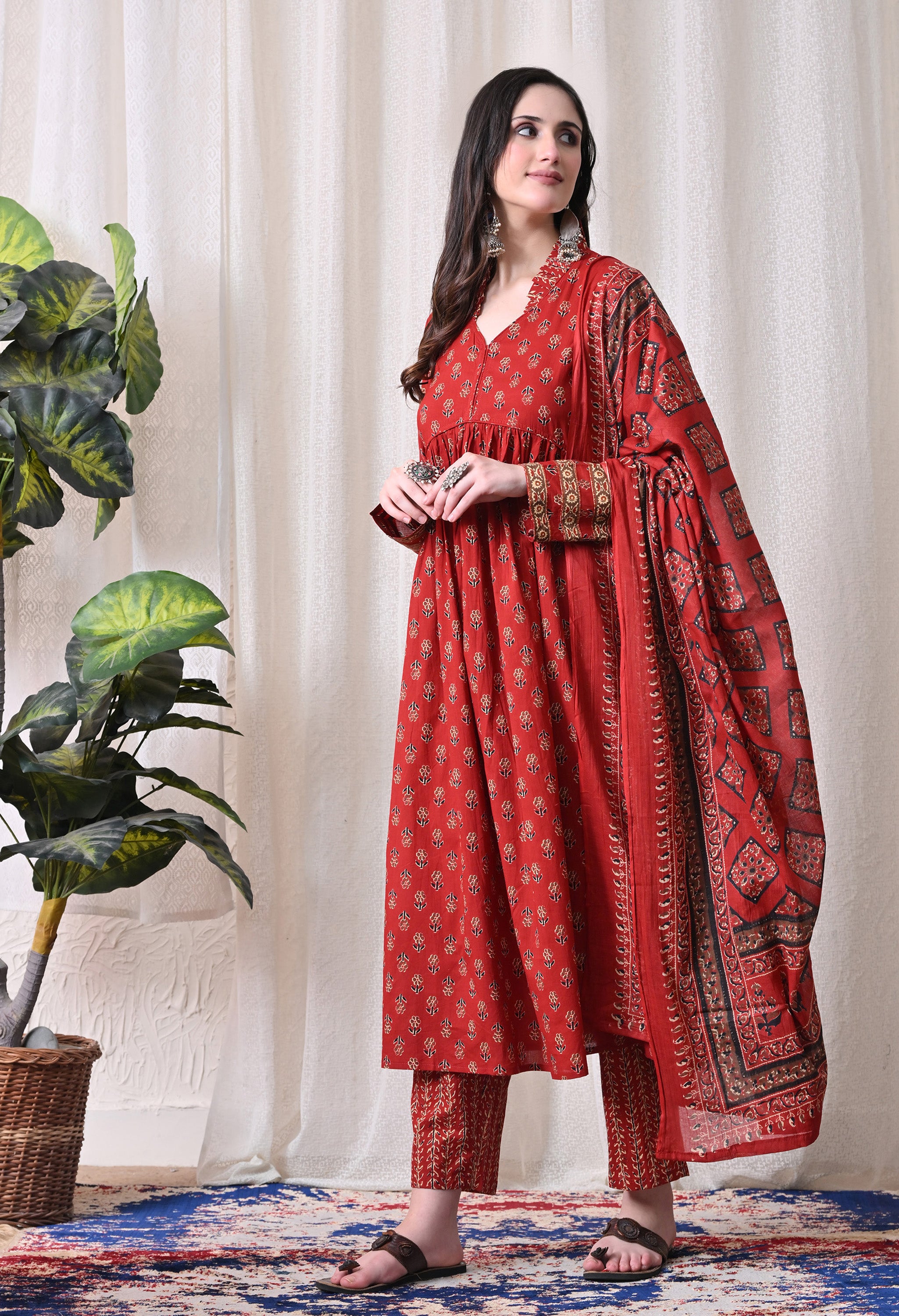 MEERA FAB Women Printed Regular Pure Cotton Anarkali Kurta with Palazzos & with Dupatta
