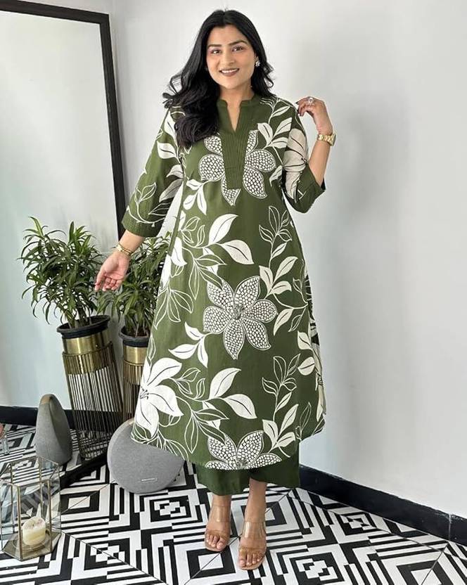 MEERA FAB Women's Pure Cotton Printed Ethnic Wear Straight Kurta Set with Palazzo Pants