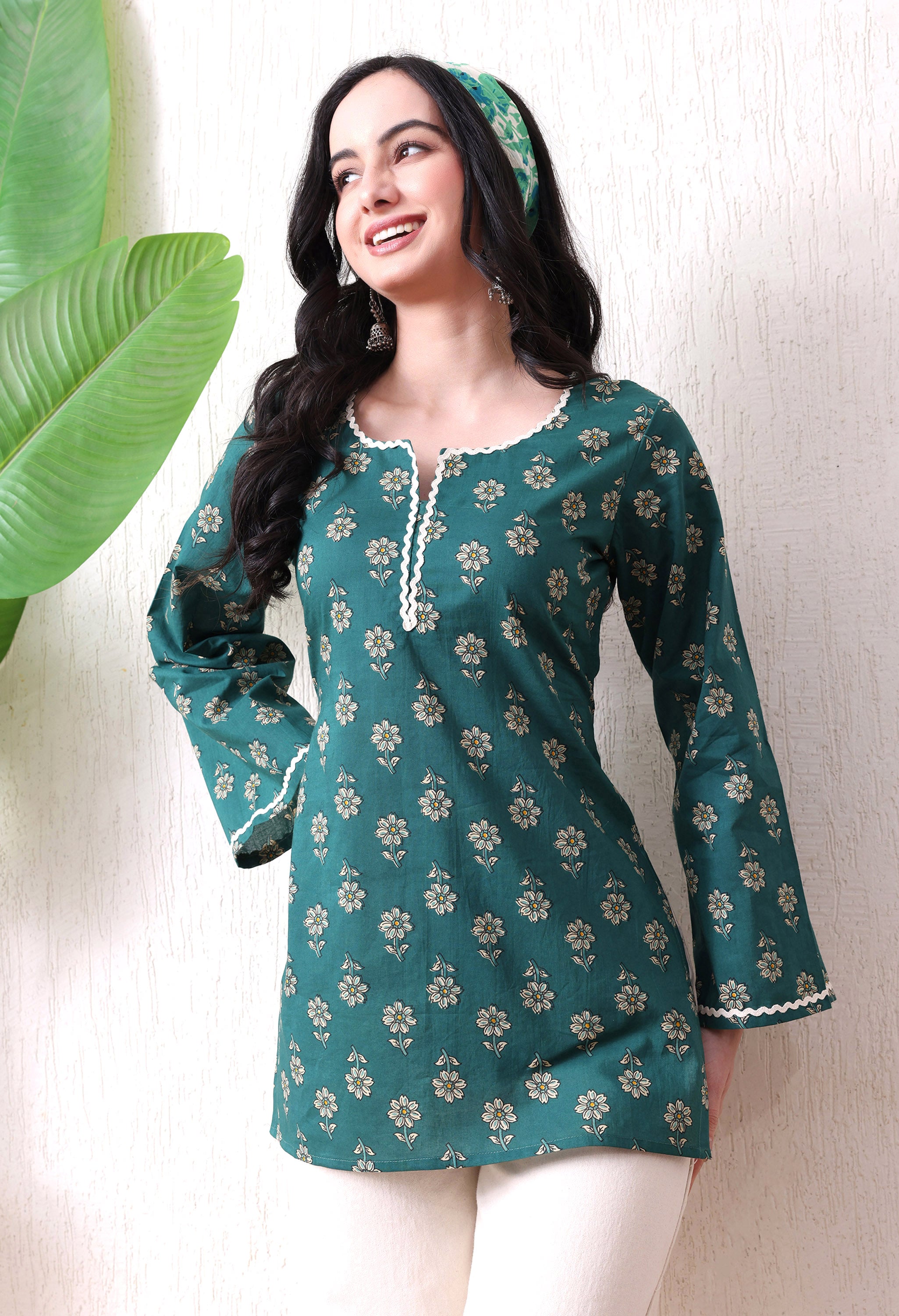 MEERA FAB Women's Floral Printed Cotton Short Kurta | Floral Printed Kurta with Bell Sleeves | Short Kurti for Women