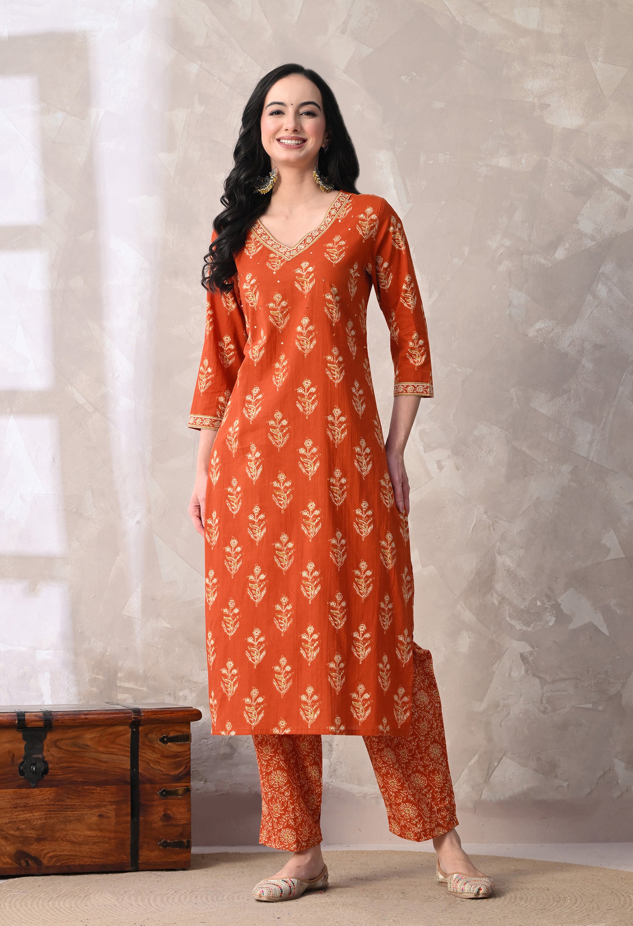 MEERA FAB Women Floral Printed Sequined Cotton Straight Kurta With Palazzos & Dupatta | Sanganeri Print