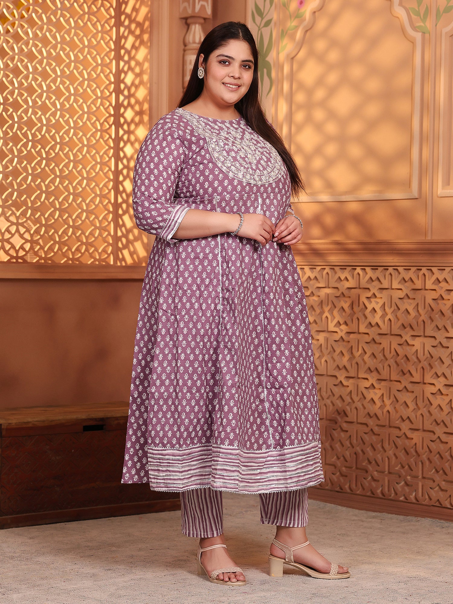 MEERA FAB Women's Pure Cotton Printed Anarkali Handwork Kurta with Palazzos & Dupatta