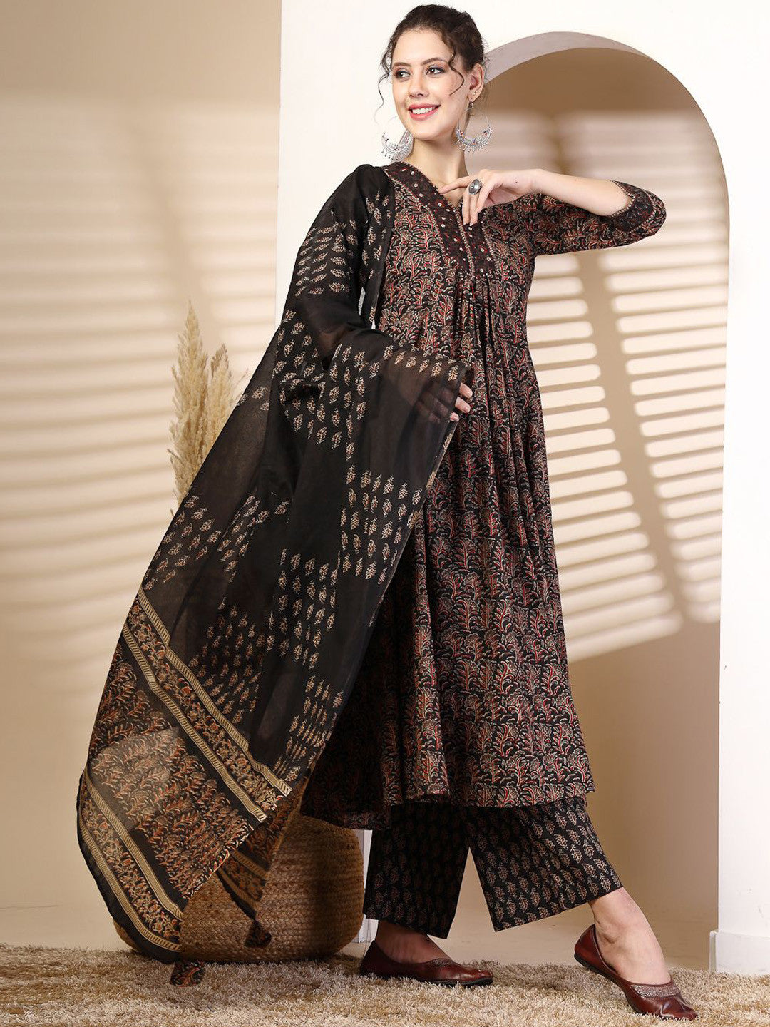 MEERA FAB Floral Printed Sequined Cotton Anarkali Kurta With Palazzos & Dupatta | Sanganeri Print