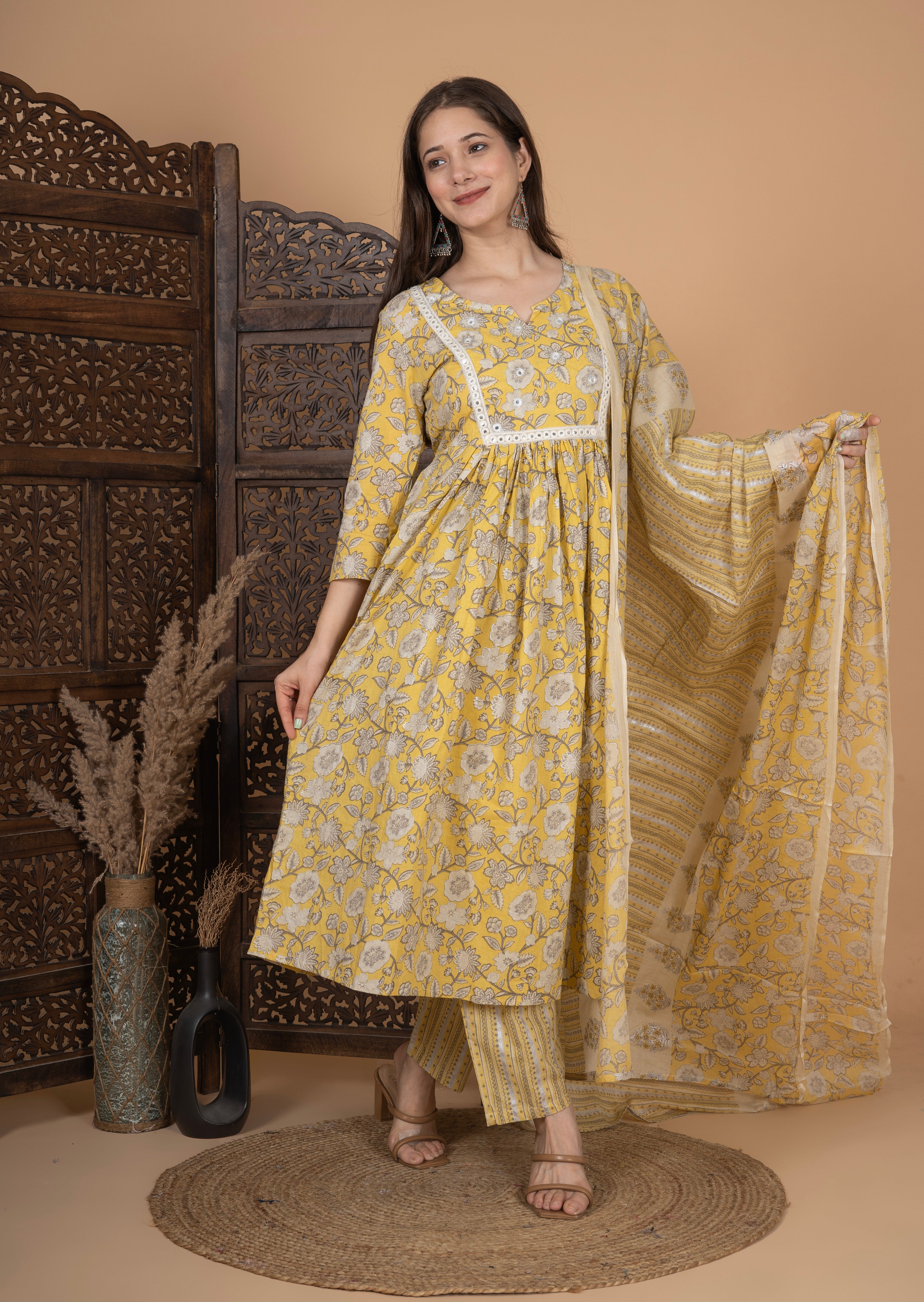 MEERA FAB Women's Cotton Printed Anarkali Kurta With Palazzo & Dupatta Set With Handwork