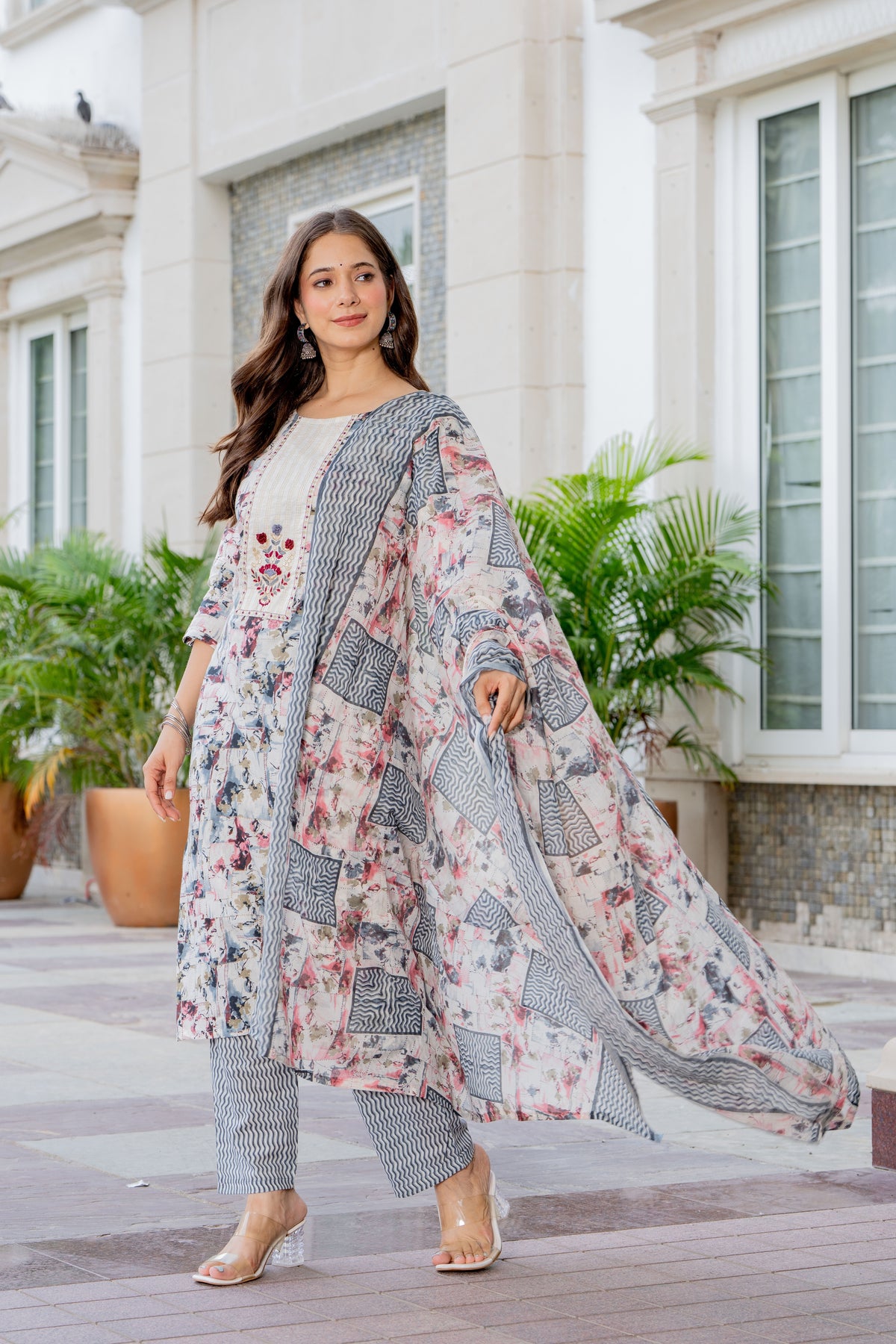 MEERA FAB Women Red Printed Regular Pure Cotton Anarkali Kurta with Palazzos & with Dupatta