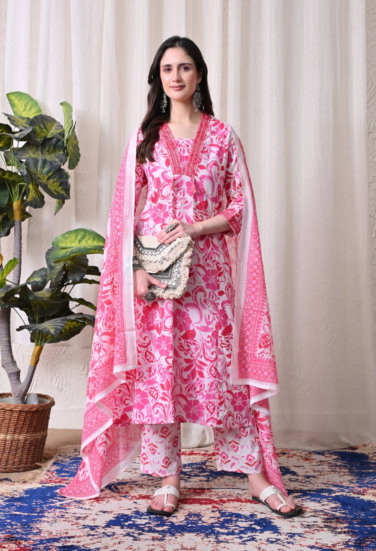 MEERA FAB Women Floral Printed Regular Pure Cotton Anarkali Kurta with Palazzos & with Dupatta