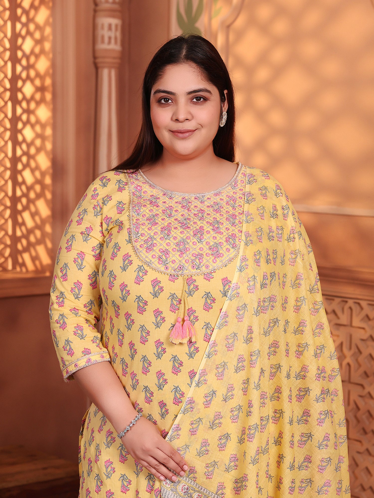 MEERA FAB Plus Size Printed Pure Cotton Straight Embrodriery Kurta with Palazzos & Dupatta