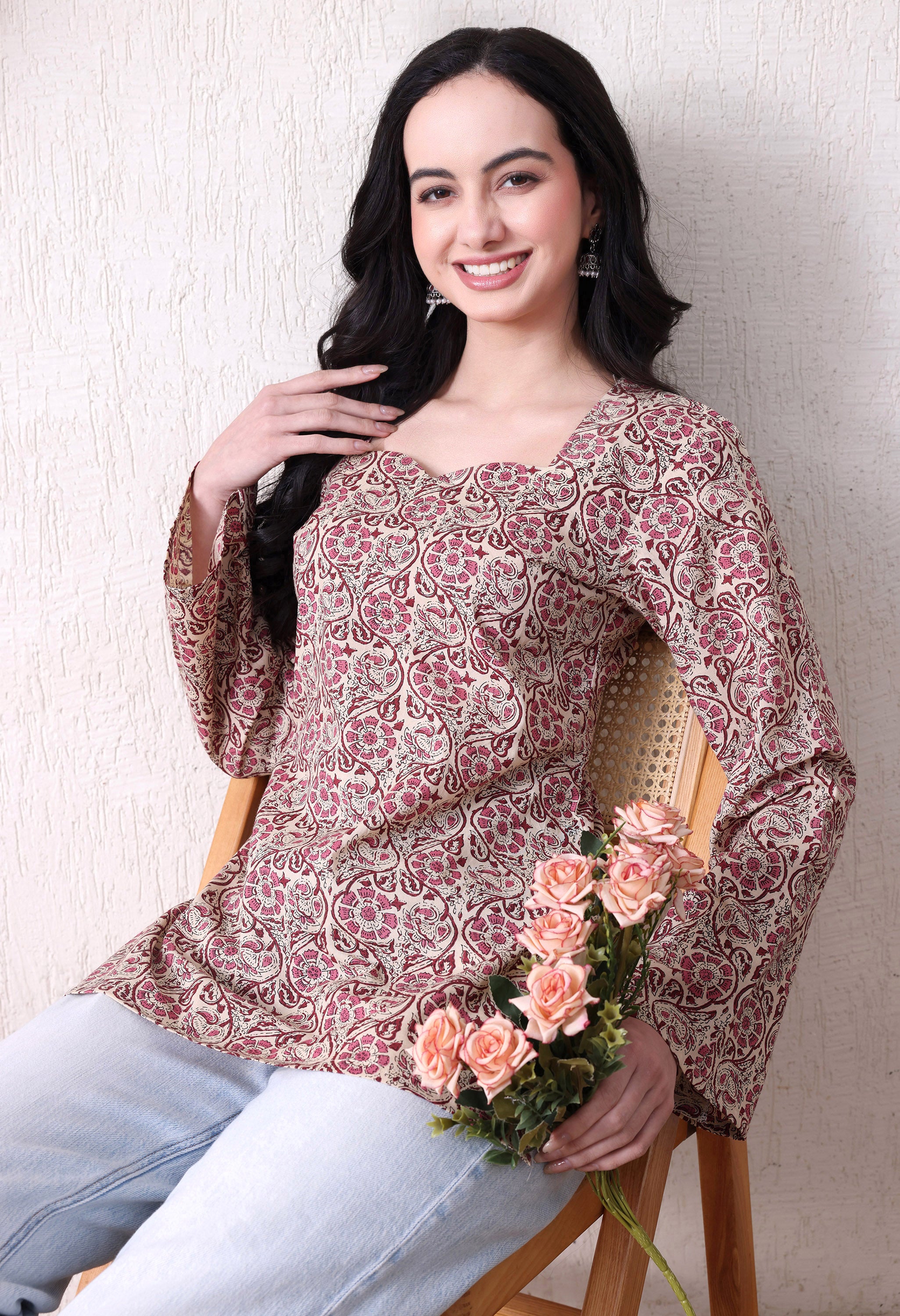 MEERA FAB Women's Floral Printed Cotton Short Top | Daabu Printed Kurta with Full Sleeves | Short Kurti for Women