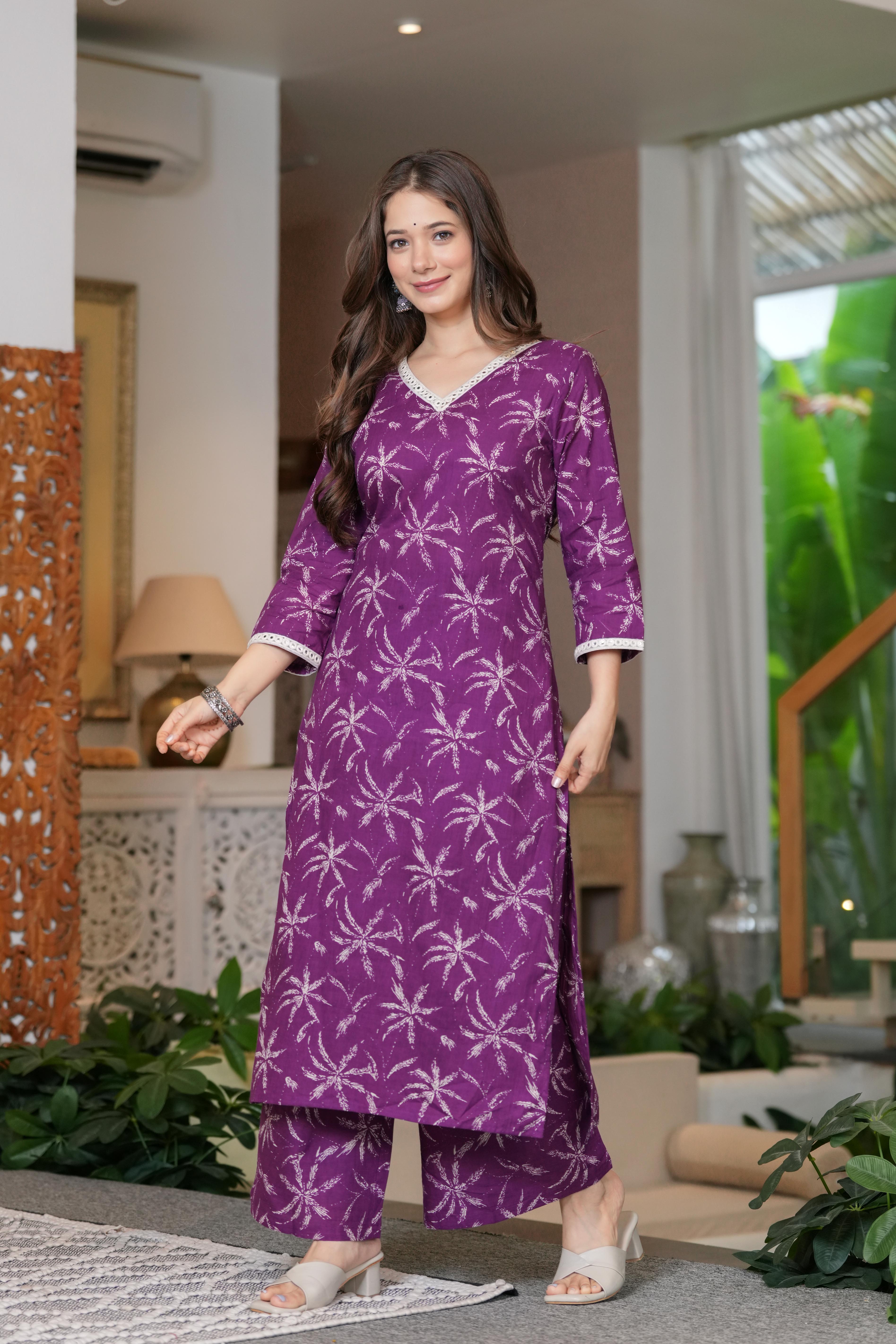 MEERA FAB Women Cotton Printed V-Neck Lace Kurta Palazzo Set