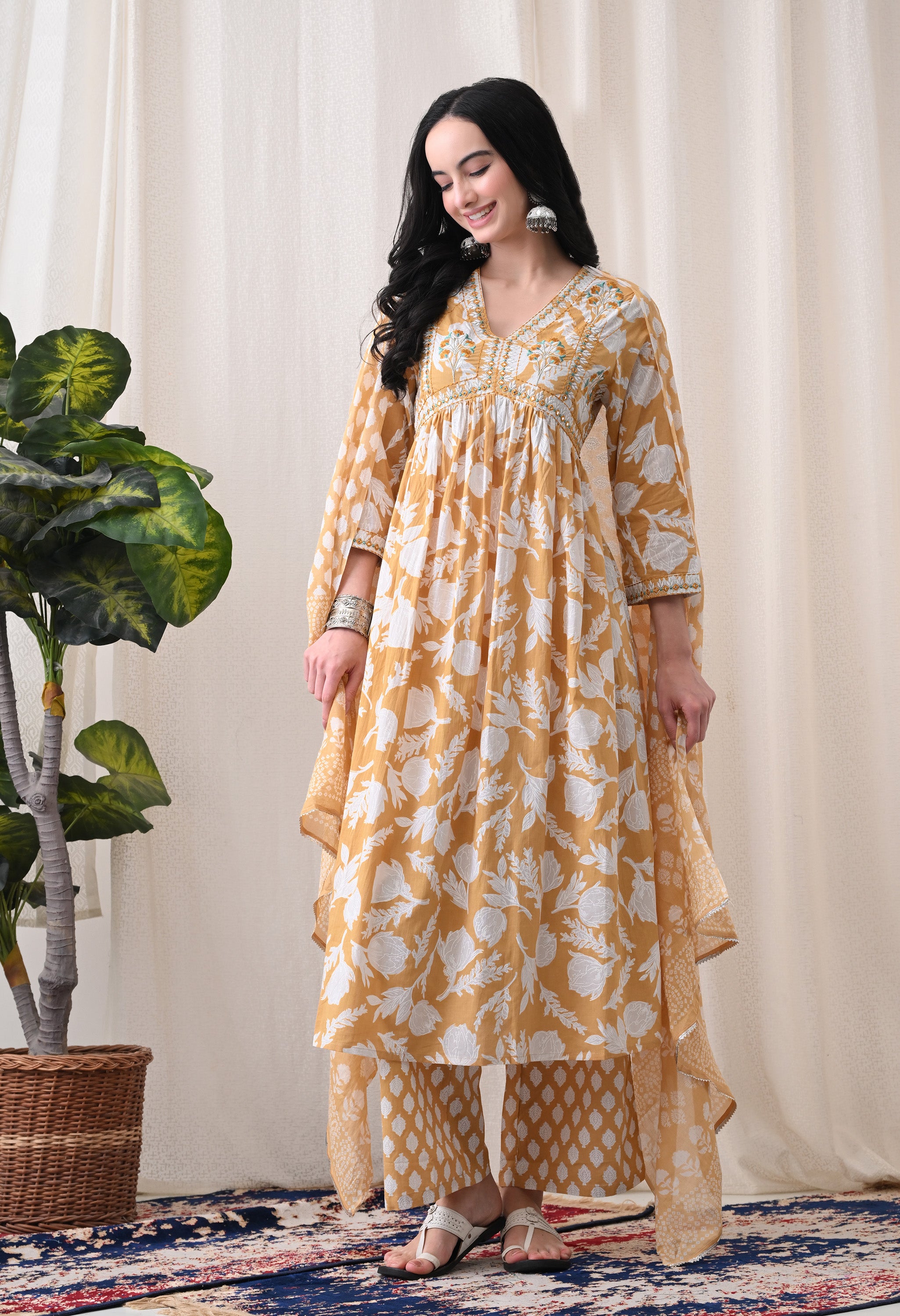 MEERA FAB Alia Cut Kurta Palazzo and Dupatta Set,Pure Cotton, with Embroidery, Block Print