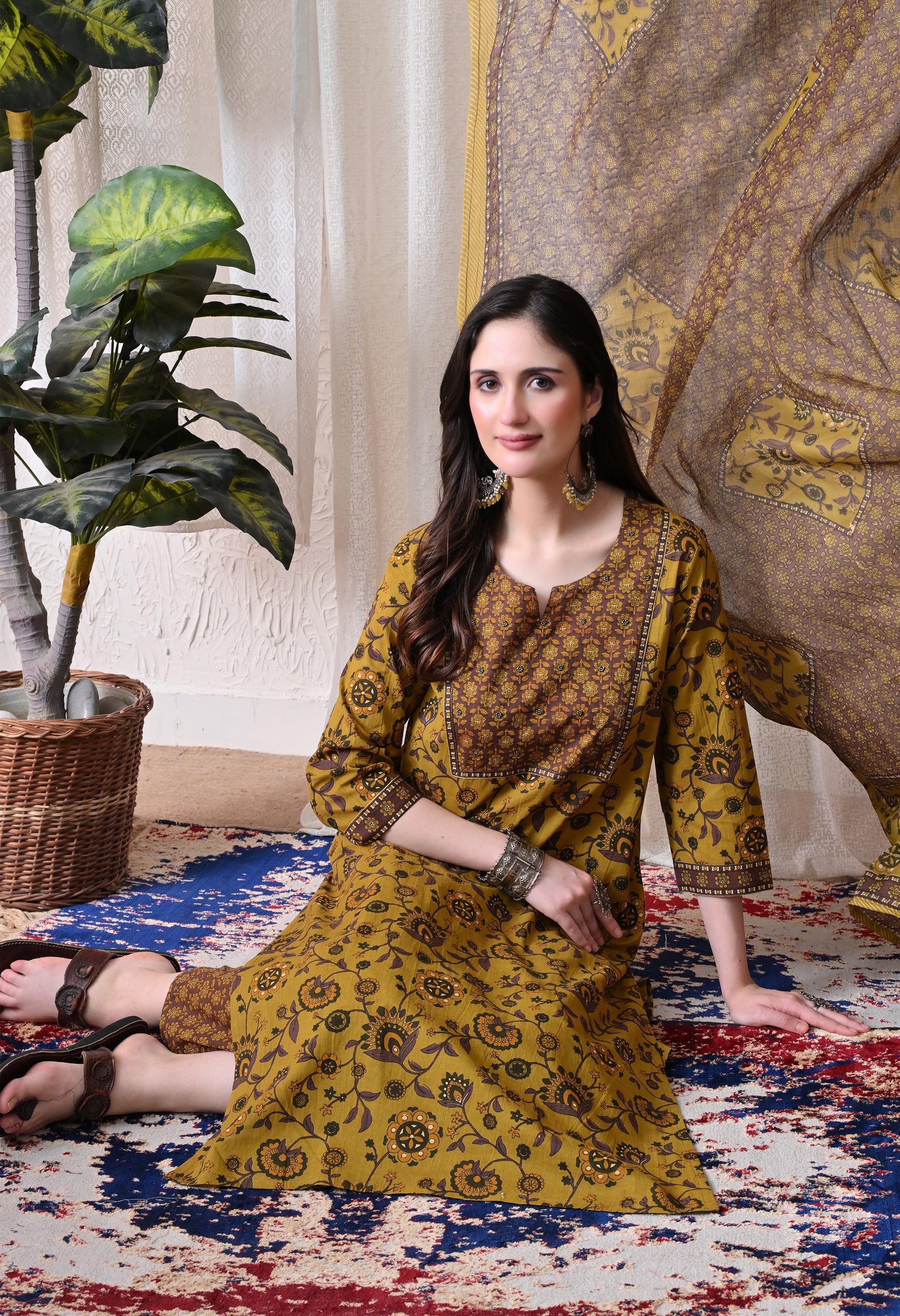 MEERA FAB Women Printed Regular Pure Cotton Straight Handwork Kurta with Palazzos & with Dupatta (Copy)