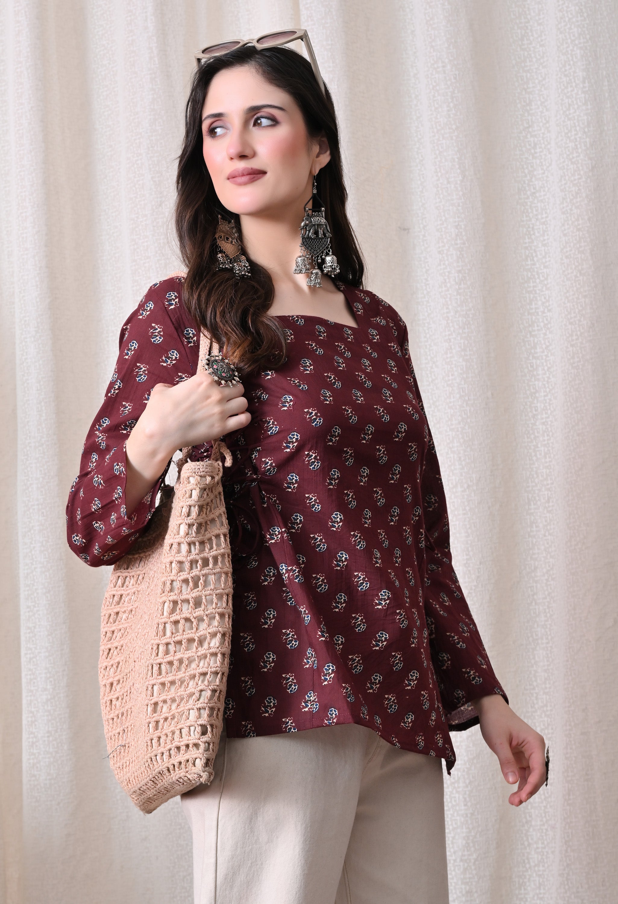 MEERA FAB Women's Floral Printed Cotton Short Kurta Square Neck | Floral Printed Kurta with Full Sleeves | Short Kurti for Women