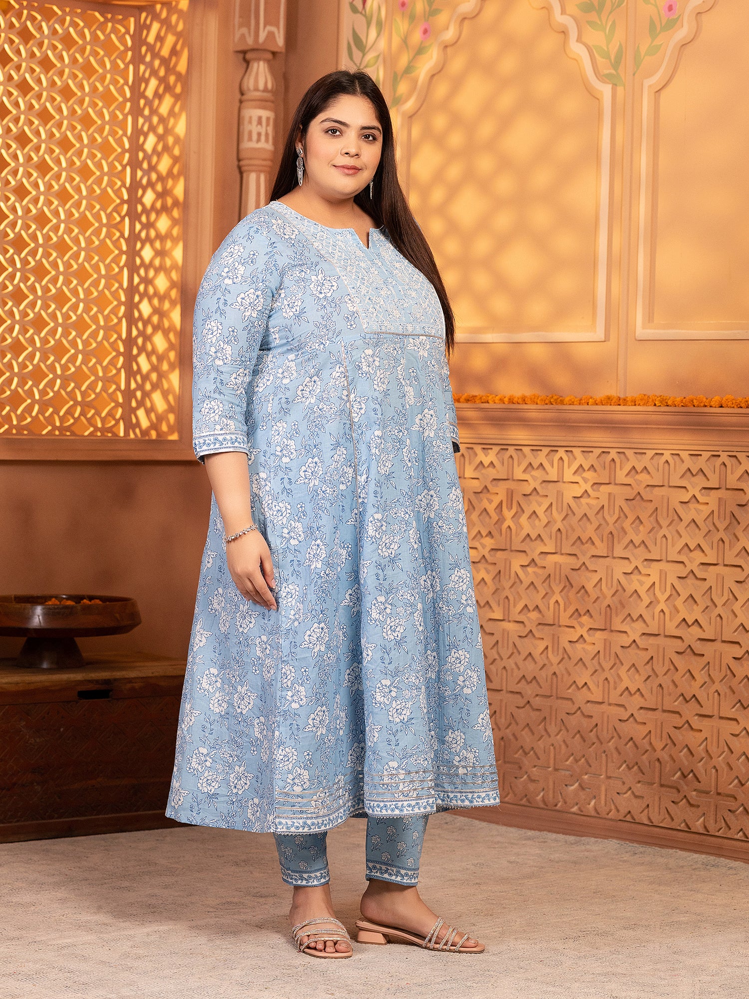 MEERA FAB Women's Pure Cotton Printed Anarkali Handwork Kurta with Palazzos & Dupatta