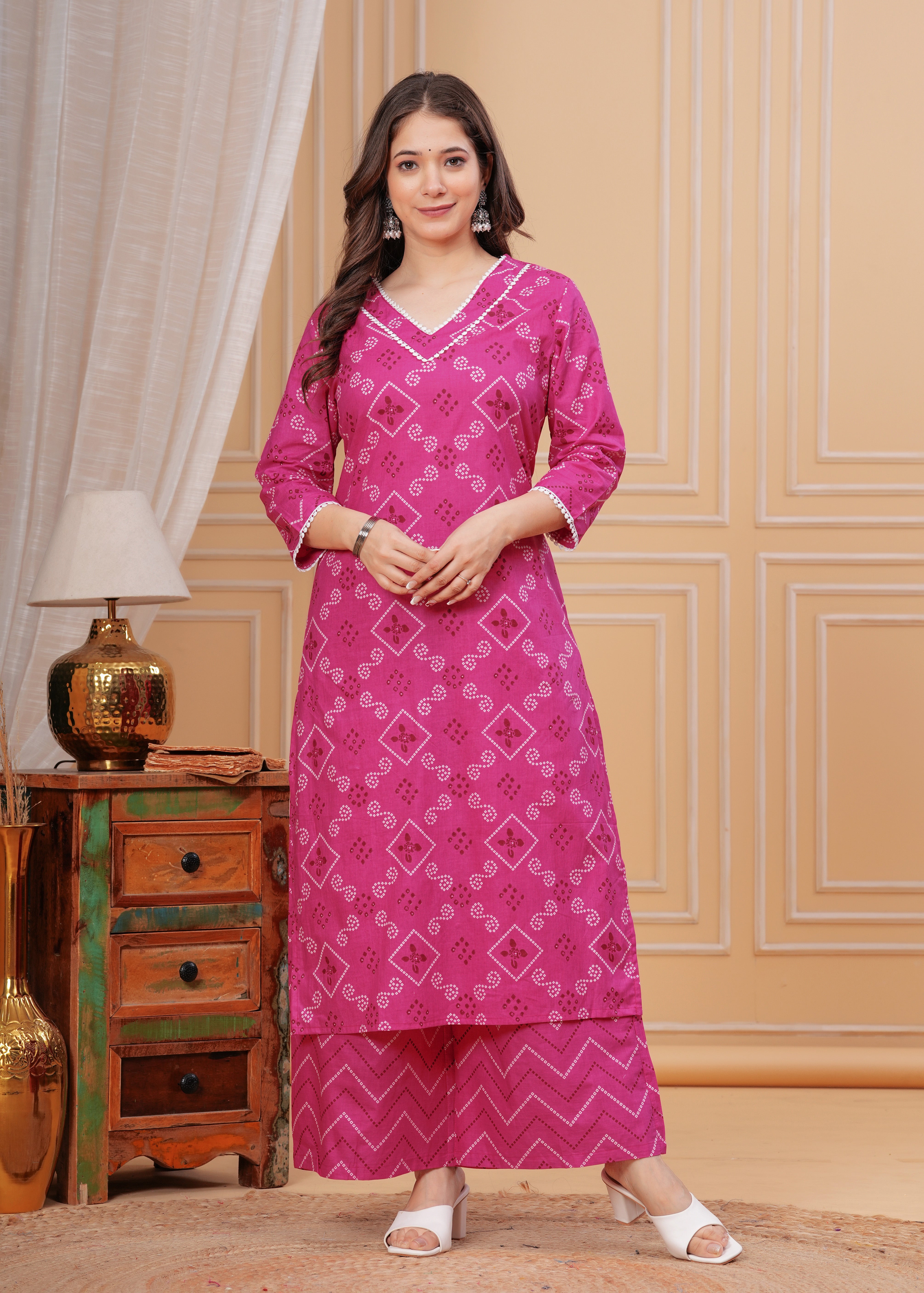 MEERA FAB Women's Pure Cotton Bandhani Printed Kurta with Palazzo & Dupatta