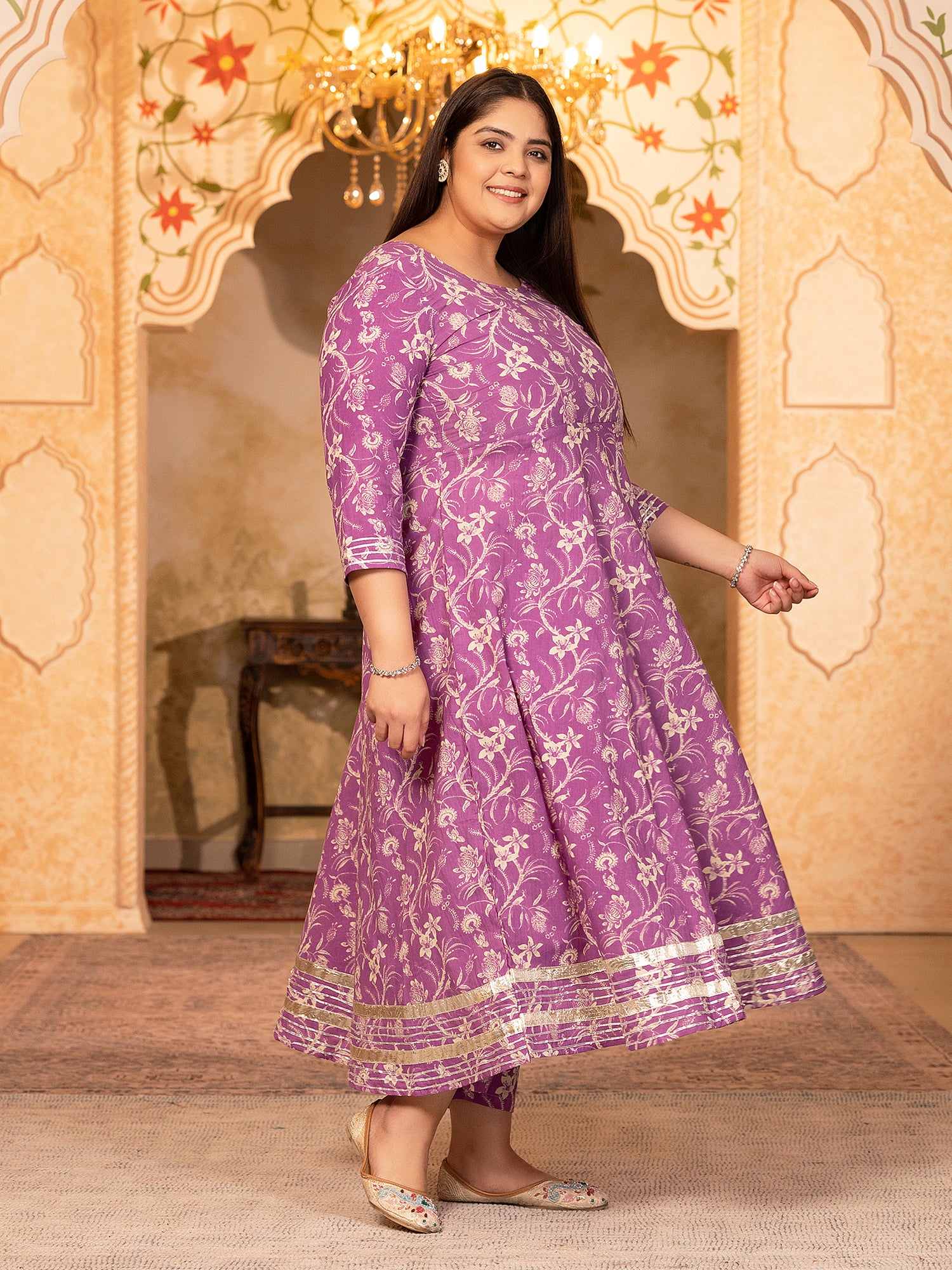 MEERA FAB Plus Size Women's Cotton Printed Anarkali Kurta with Palazzo & Dupatta Set with Dori