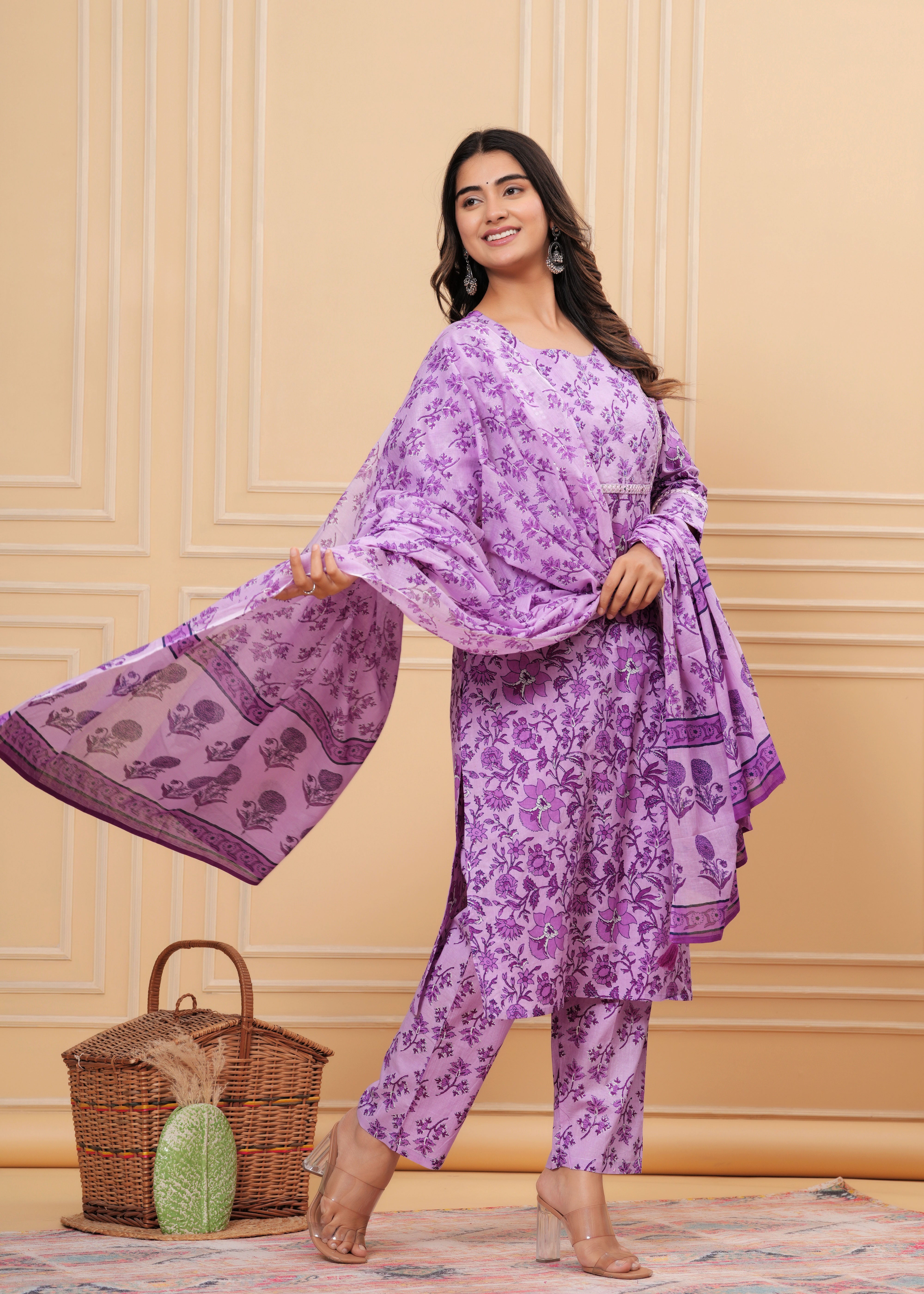 MEERA FAB Women's Cotton Printed Straight Kurta with Palazzo & Dupatta Set with Yoke