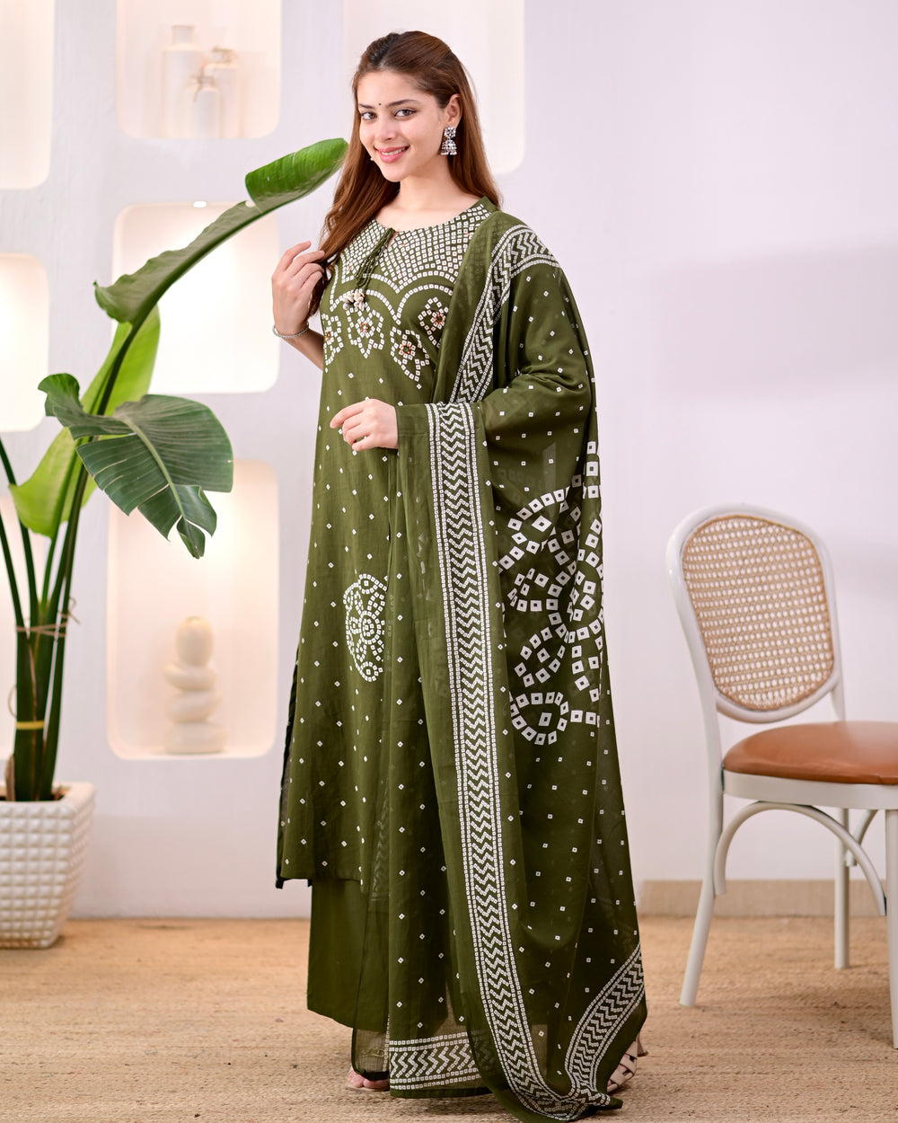 MEERA FAB Women's Pure Bandhej Cotton Straight Kurta Set with Palazzo Pants & Dupatta|Ethnic wear|Kurti Suit Set for Women