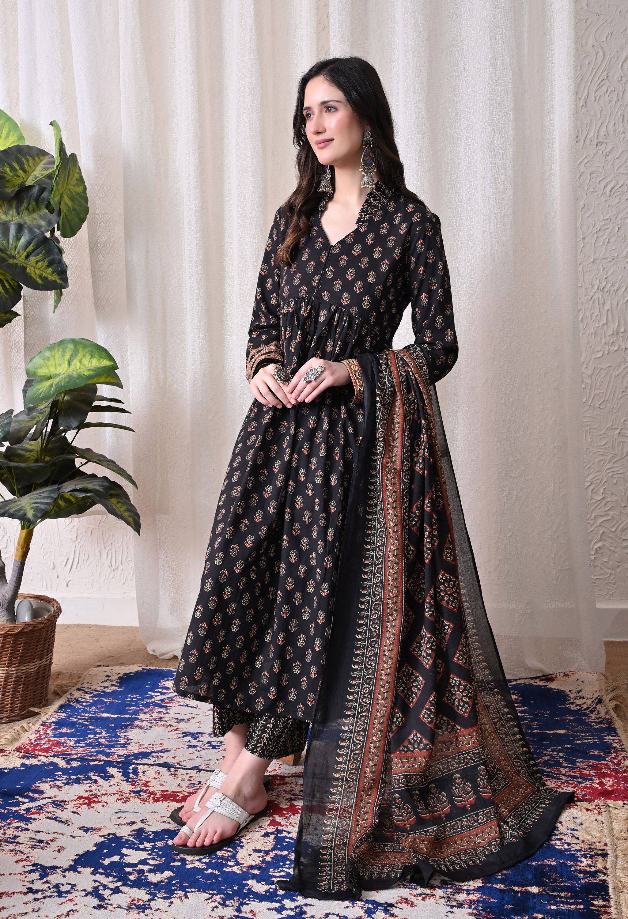 MEERA FAB Women Printed Regular Pure Cotton Anarkali Kurta with Palazzos & with Dupatta
