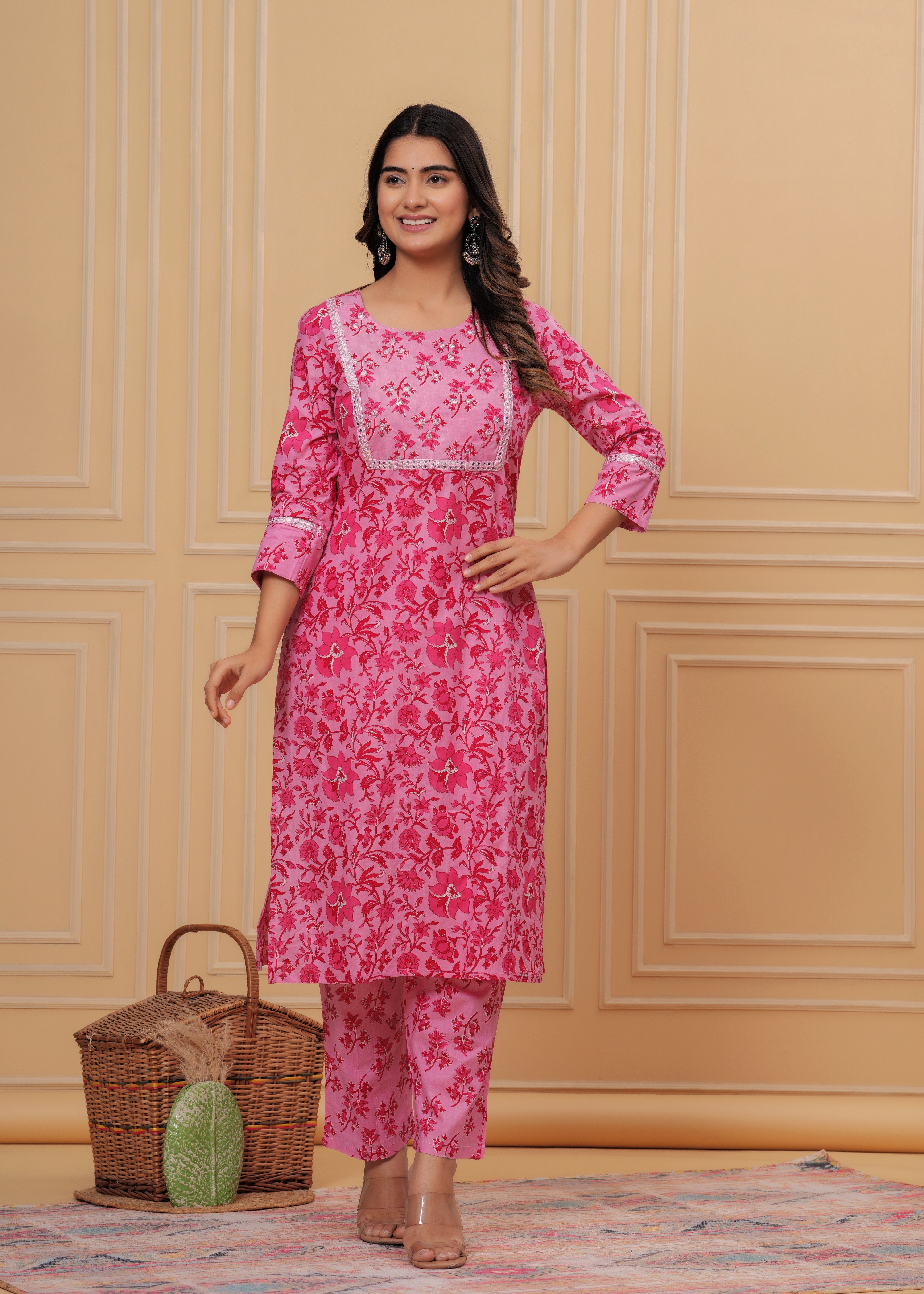 MEERA FAB Women's Cotton Printed Straight Kurta with Palazzo & Dupatta Set with Yoke