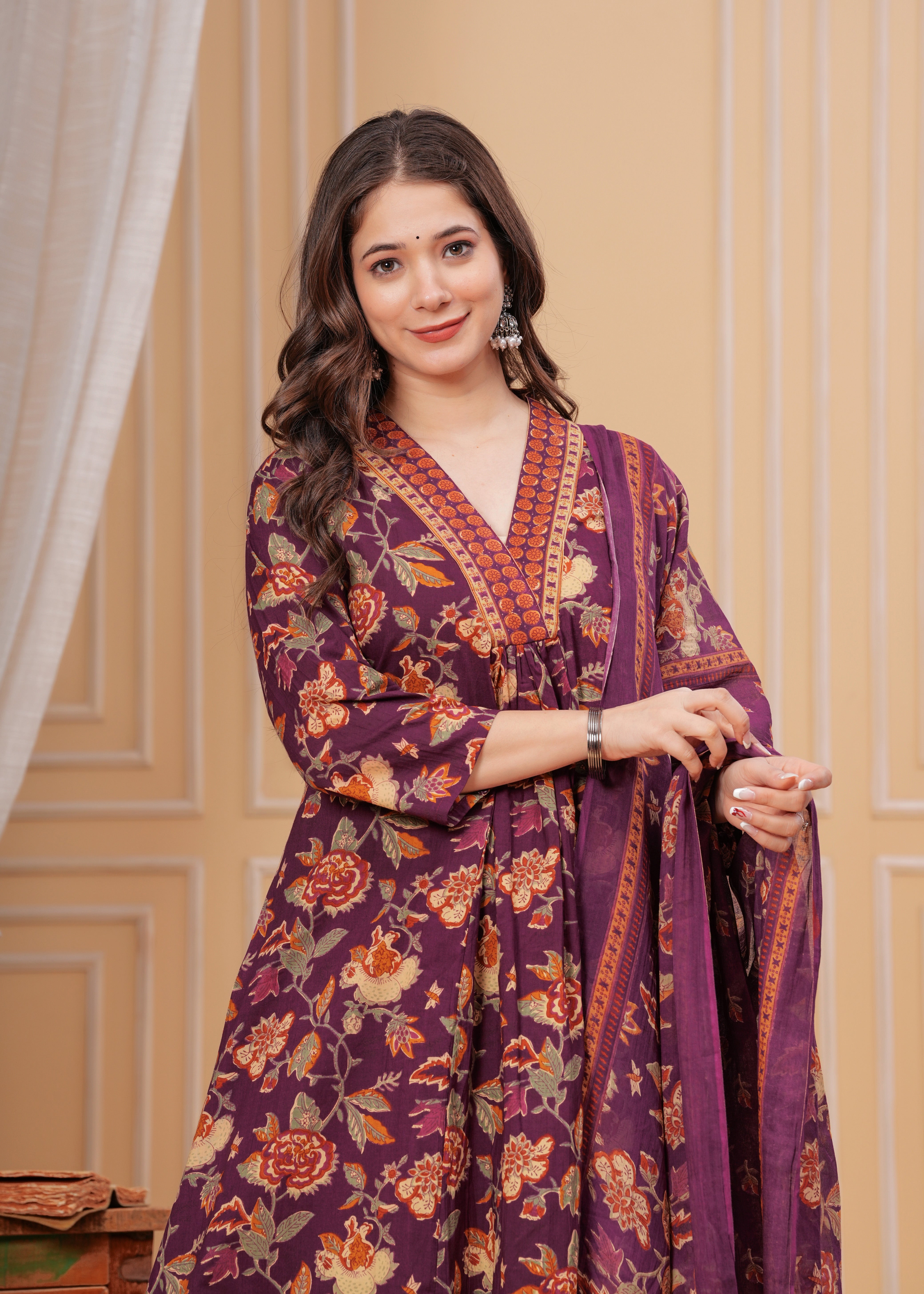 MEERA FAB Women's Cotton Blend Anarkali Printed Kurta with Palazzo & Dupatta