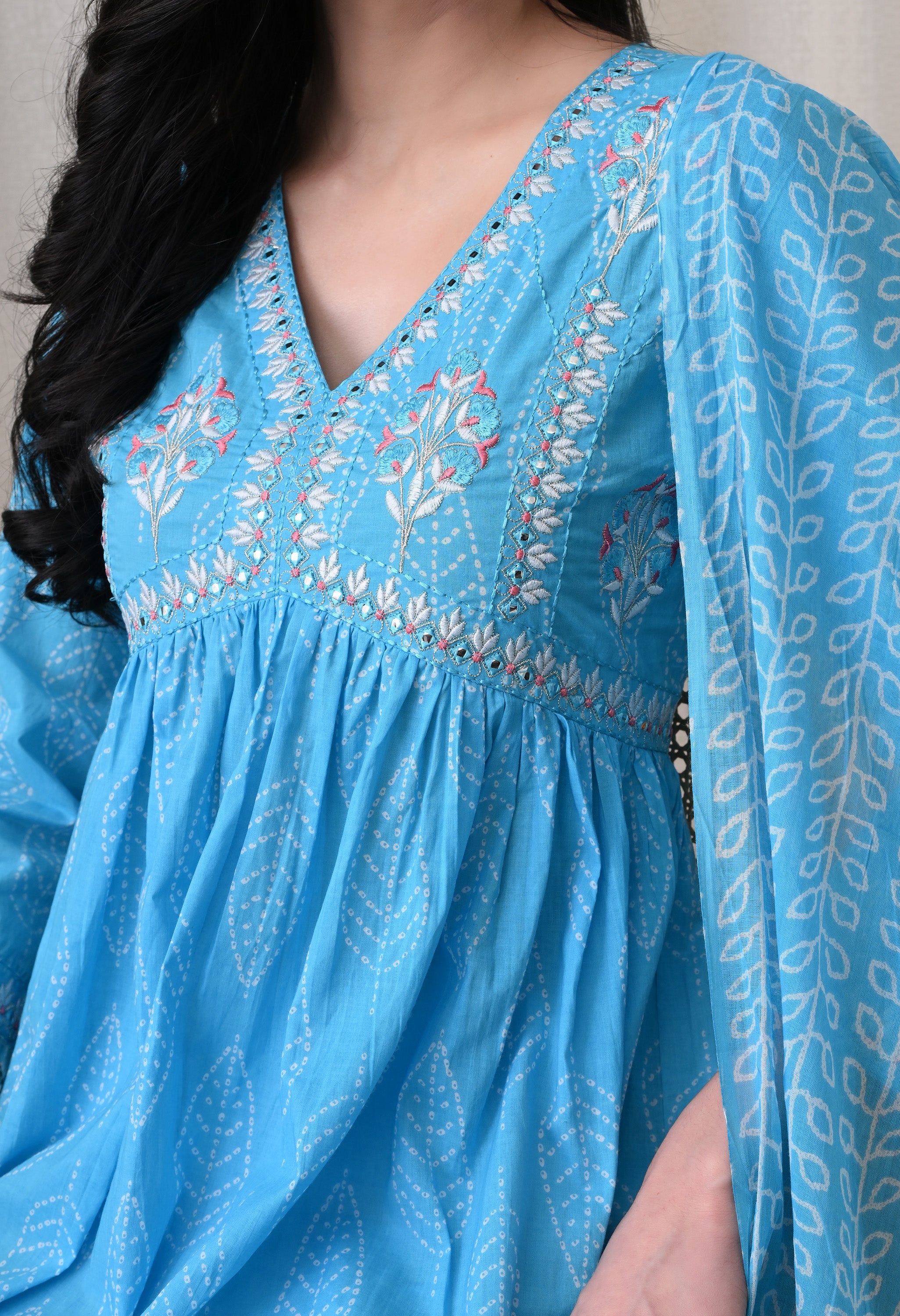 MEERA FAB Alia Cut Kurta Palazzo and Dupatta Set,Pure Cotton, with Embroidery, Block Print