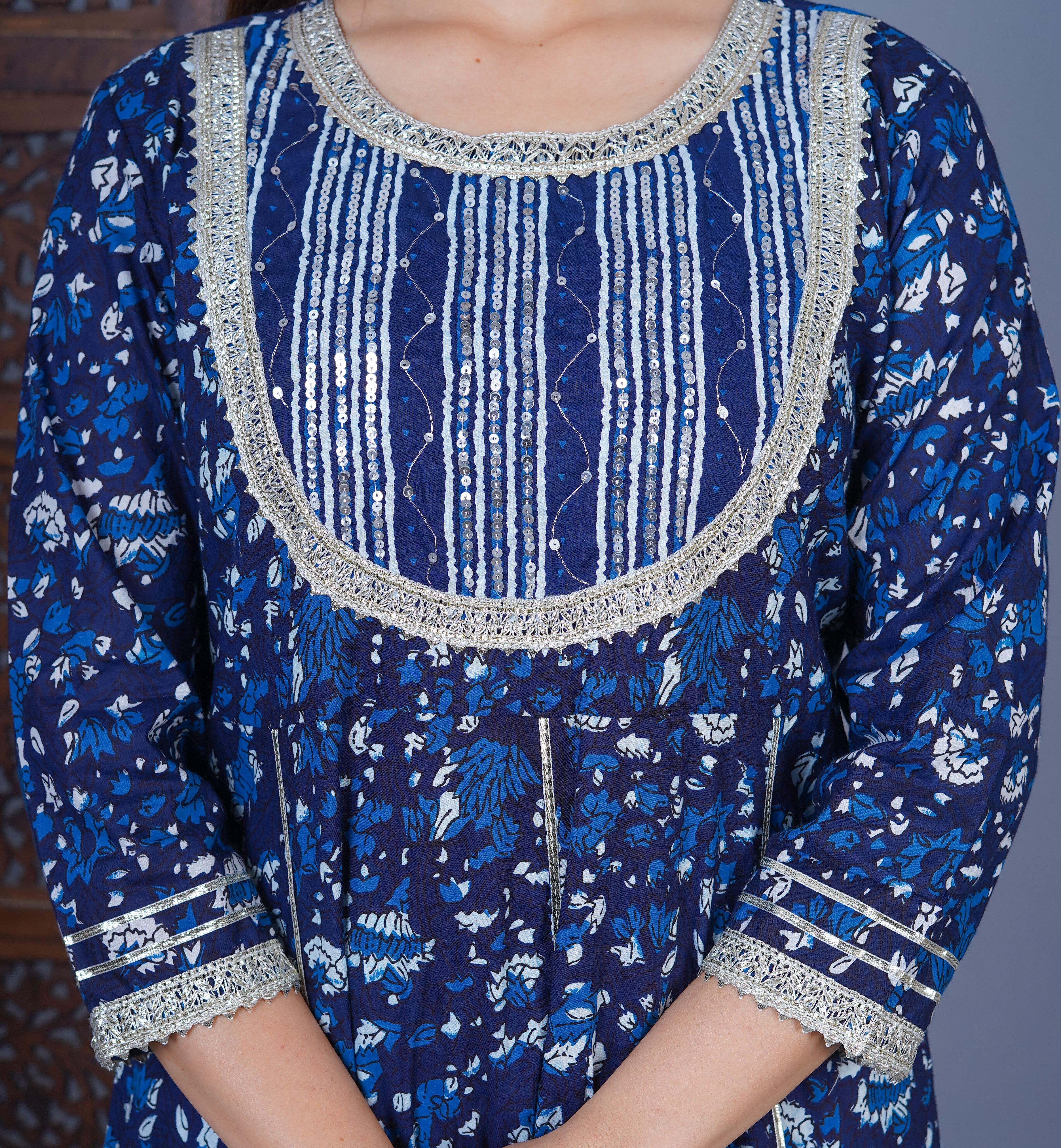 MEERA FAB Women's Cotton Floral Printed Blue Anarkali Kurta with Palazzo & Dupatta Set MF-230