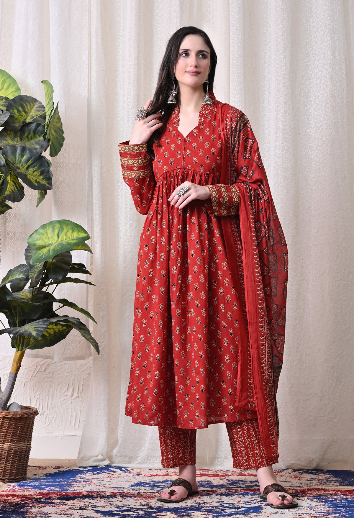 MEERA FAB Women Printed Regular Pure Cotton Anarkali Kurta with Palazzos & with Dupatta