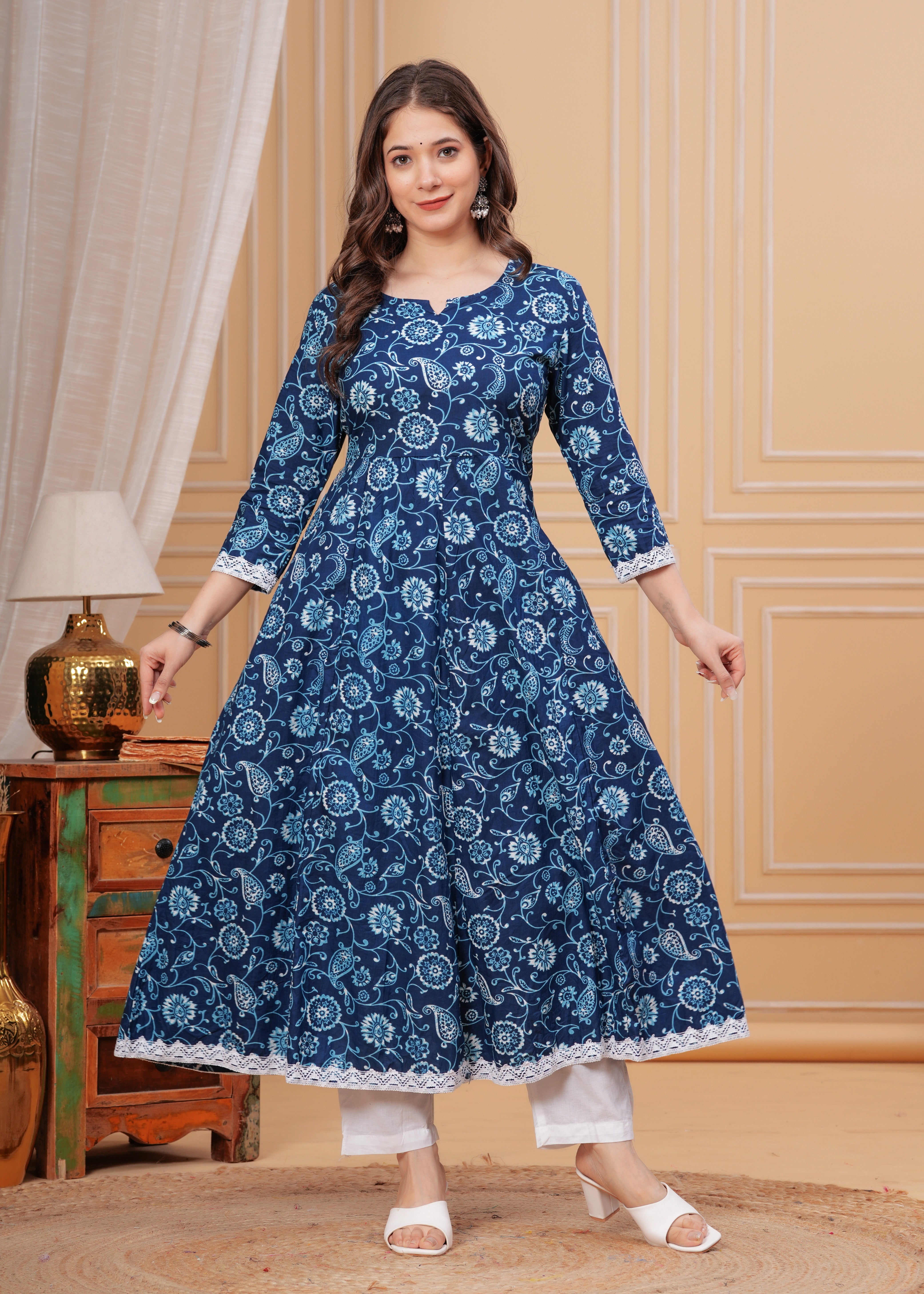 MEERA FAB Women's Cotton Printed Anarkali Kurta with Palazzo & Dupatta Set