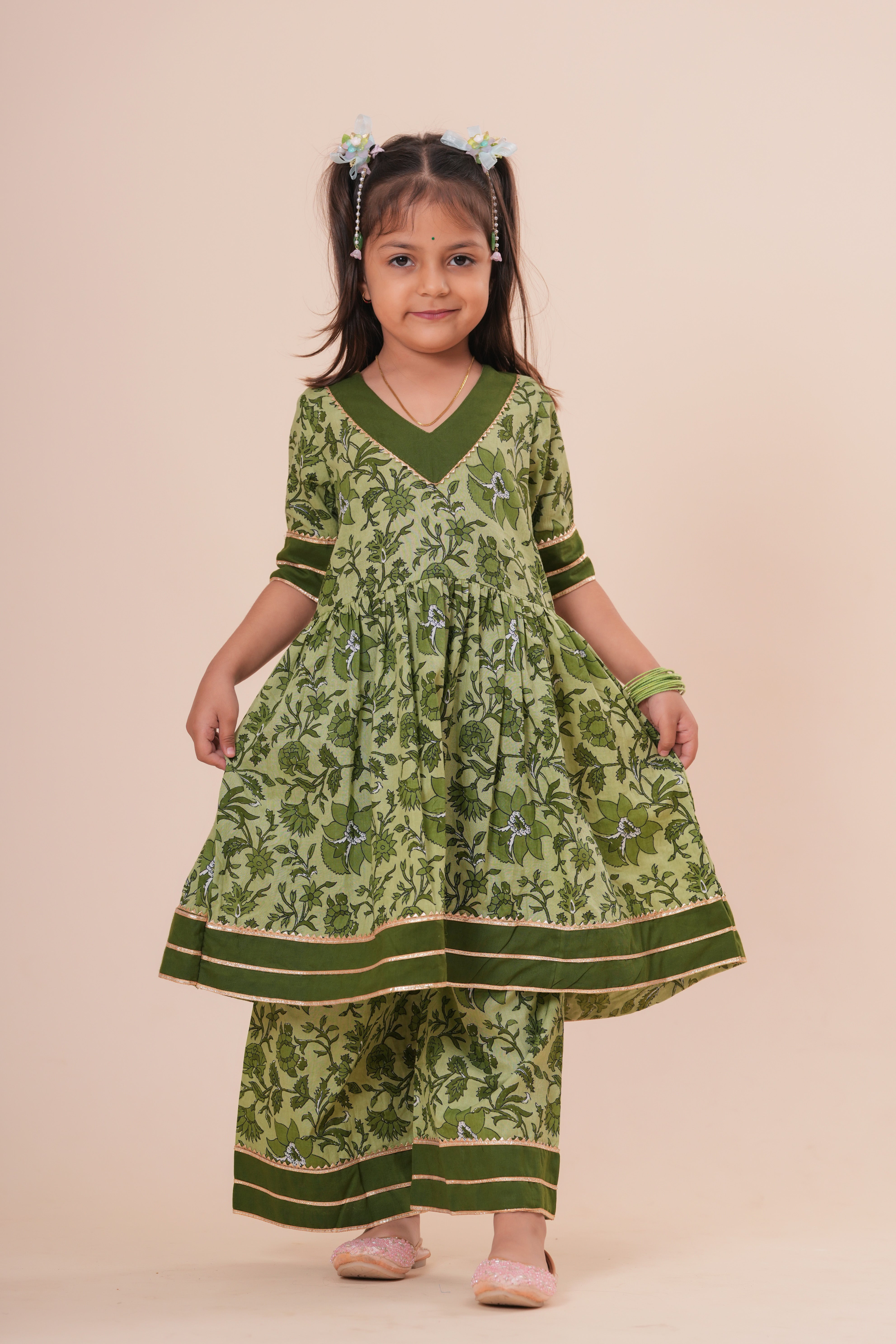 Girls Kids Pure Cotton Half Sleeves Top with Sharara Suit | Floral Printed Top with Palazzo Pants | Soft Breathable Ethnic Co-Ord Set
