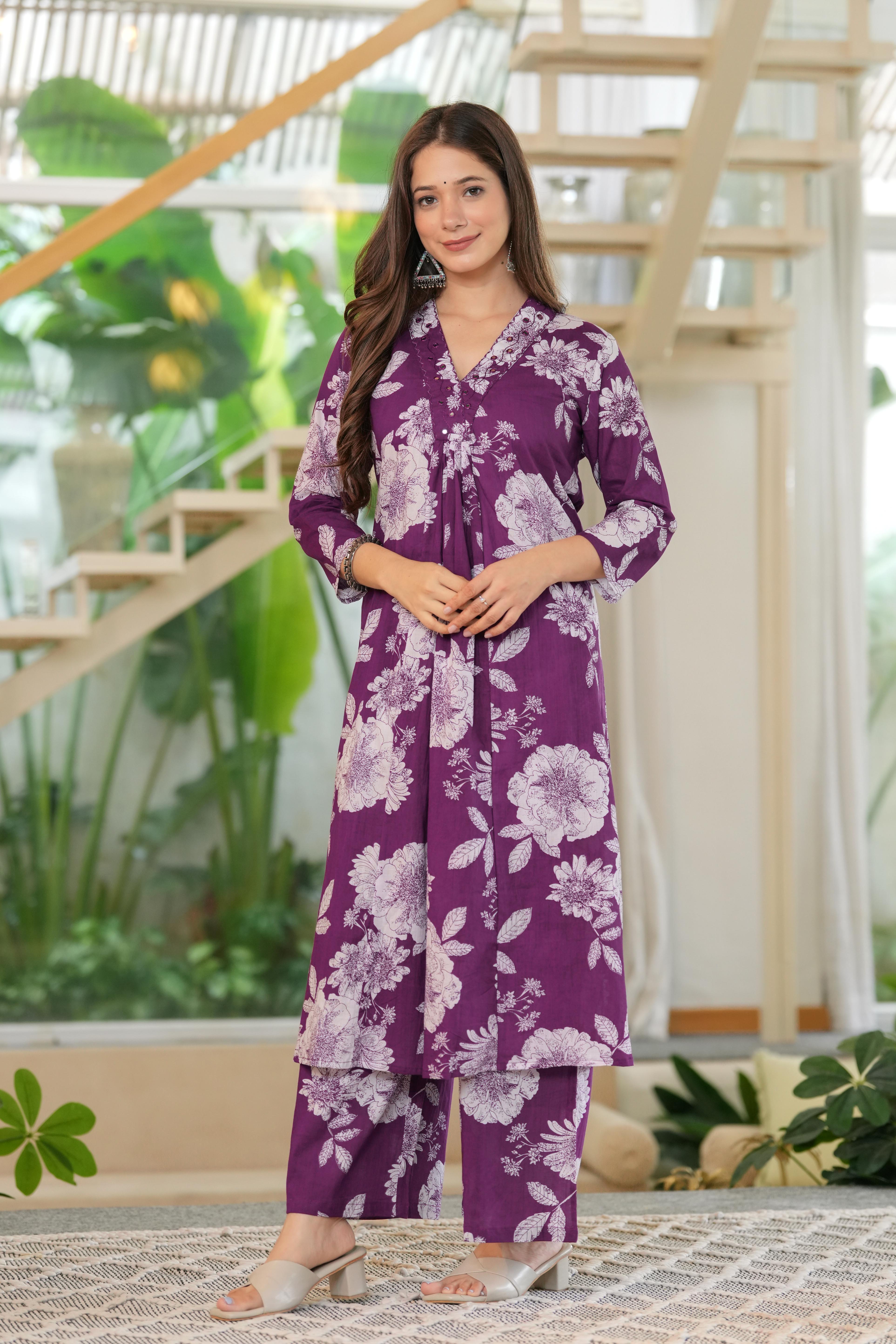 MEERA FAB Women Cotton Printed V-neck Kurta Palazzo Set