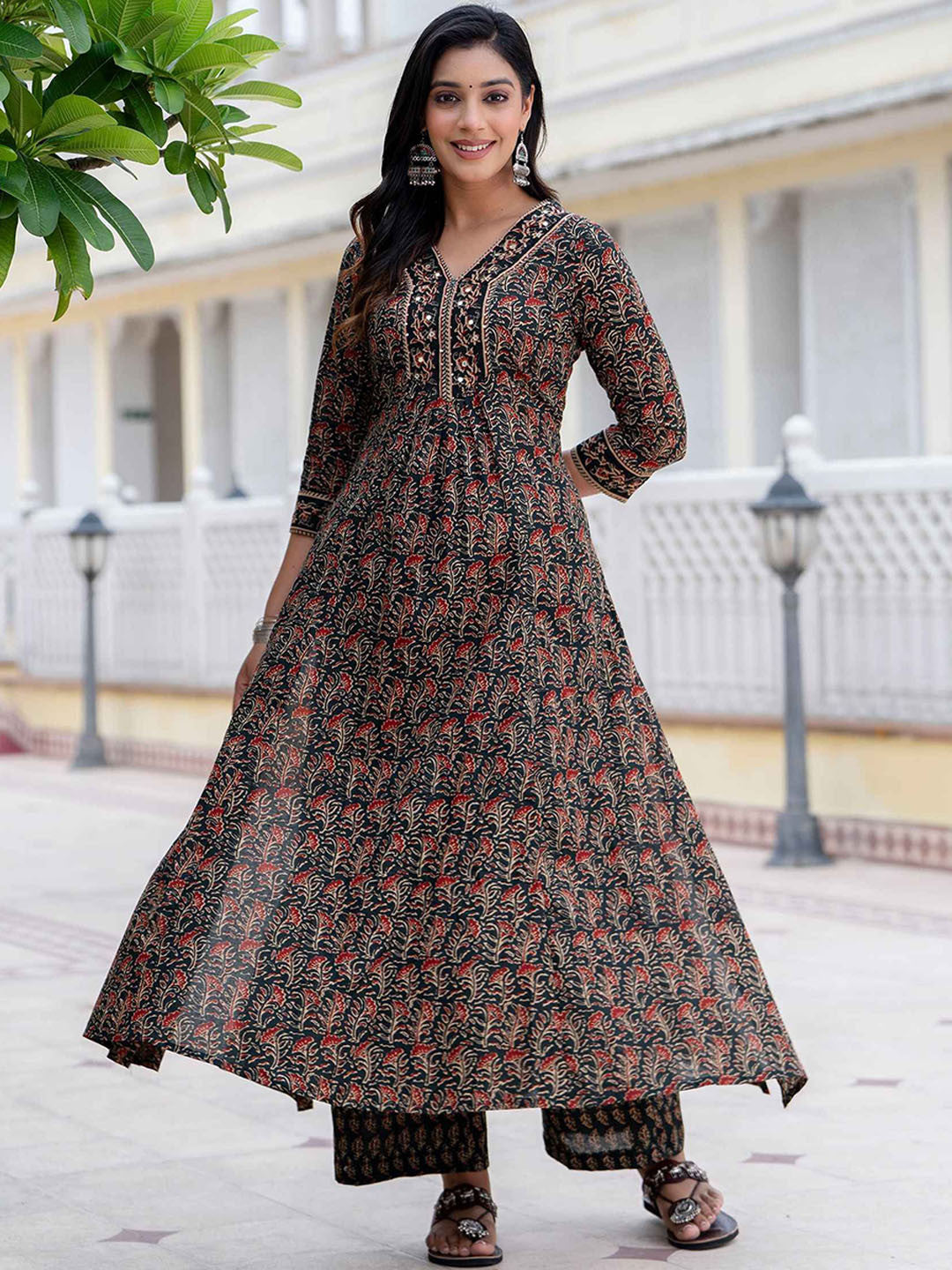 MEERA FAB Floral Printed Sequined Cotton Anarkali Kurta With Palazzos & Dupatta | Sanganeri Print
