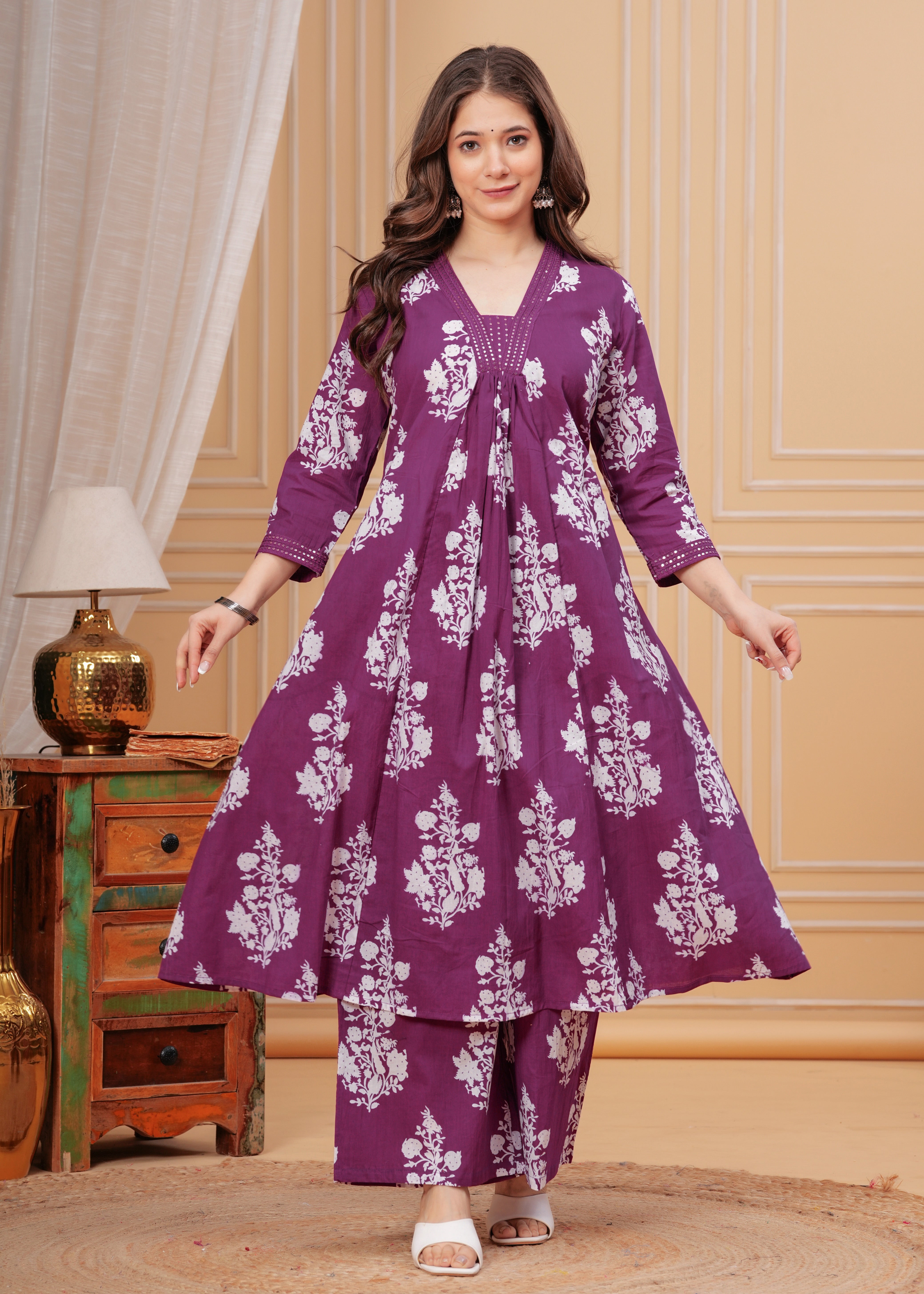 MEERA FAB Women's Cotton Blend V-Neck Anarkali Embrodriery Kurta with Palazzo & Dupatta